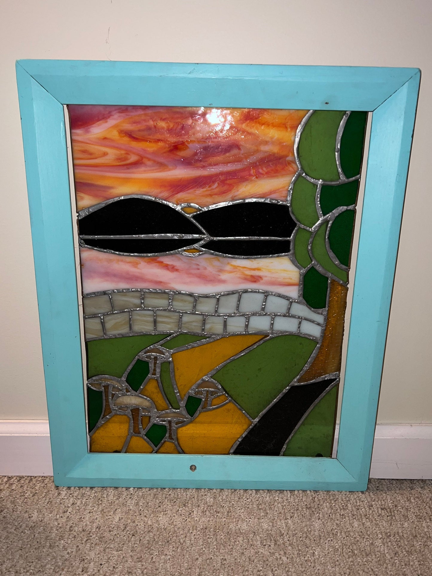 Vintage Mid Century Modern Stained Glass with Frame Unique Art Framed