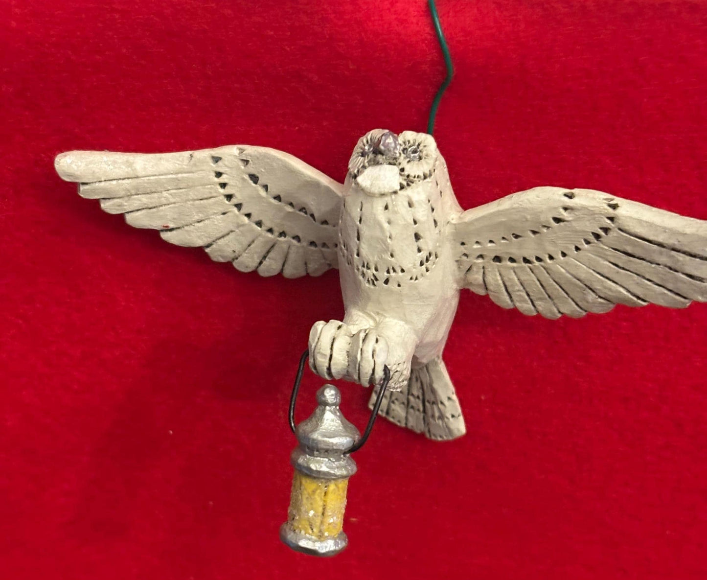 Pam Schifferl Early Hand Carved Owl with Lantern, Wings Spread Carrying a Lantern, Hand Painted Early Owl Carving