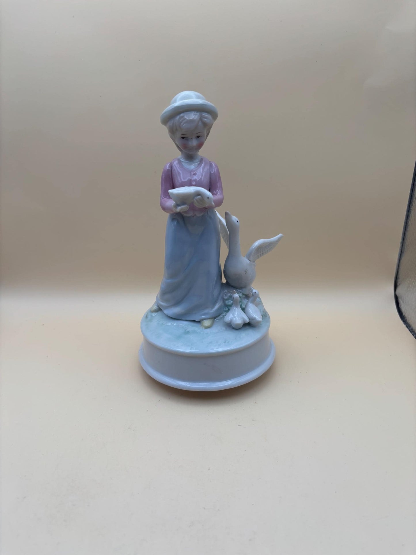 Vintage Woman with Geese Music Box Statue Hand Painted Figurine Lover Antiques and Vintage