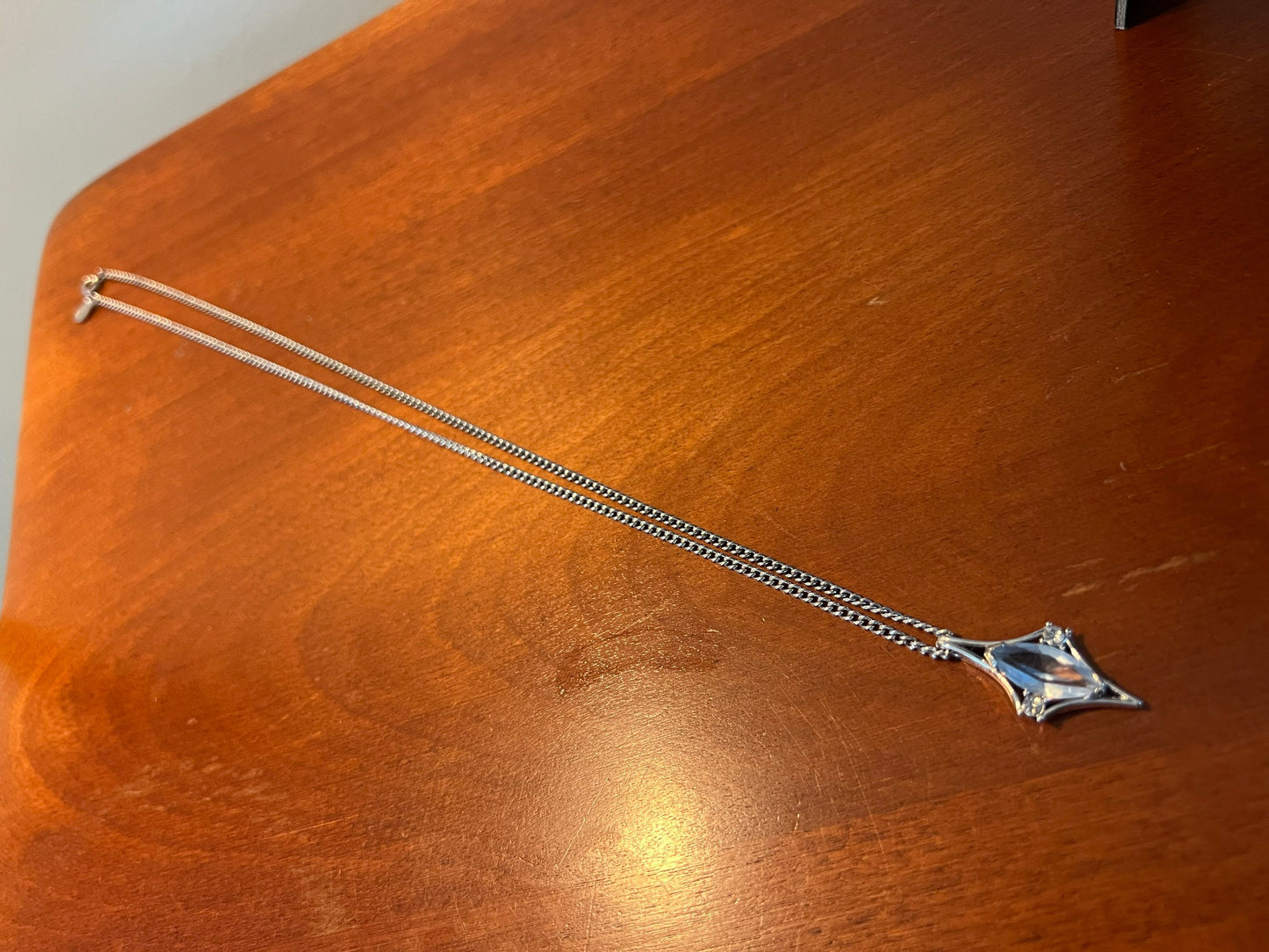 Vintage Pendant Necklace 11” long jewelry in silver tone diamond shaped