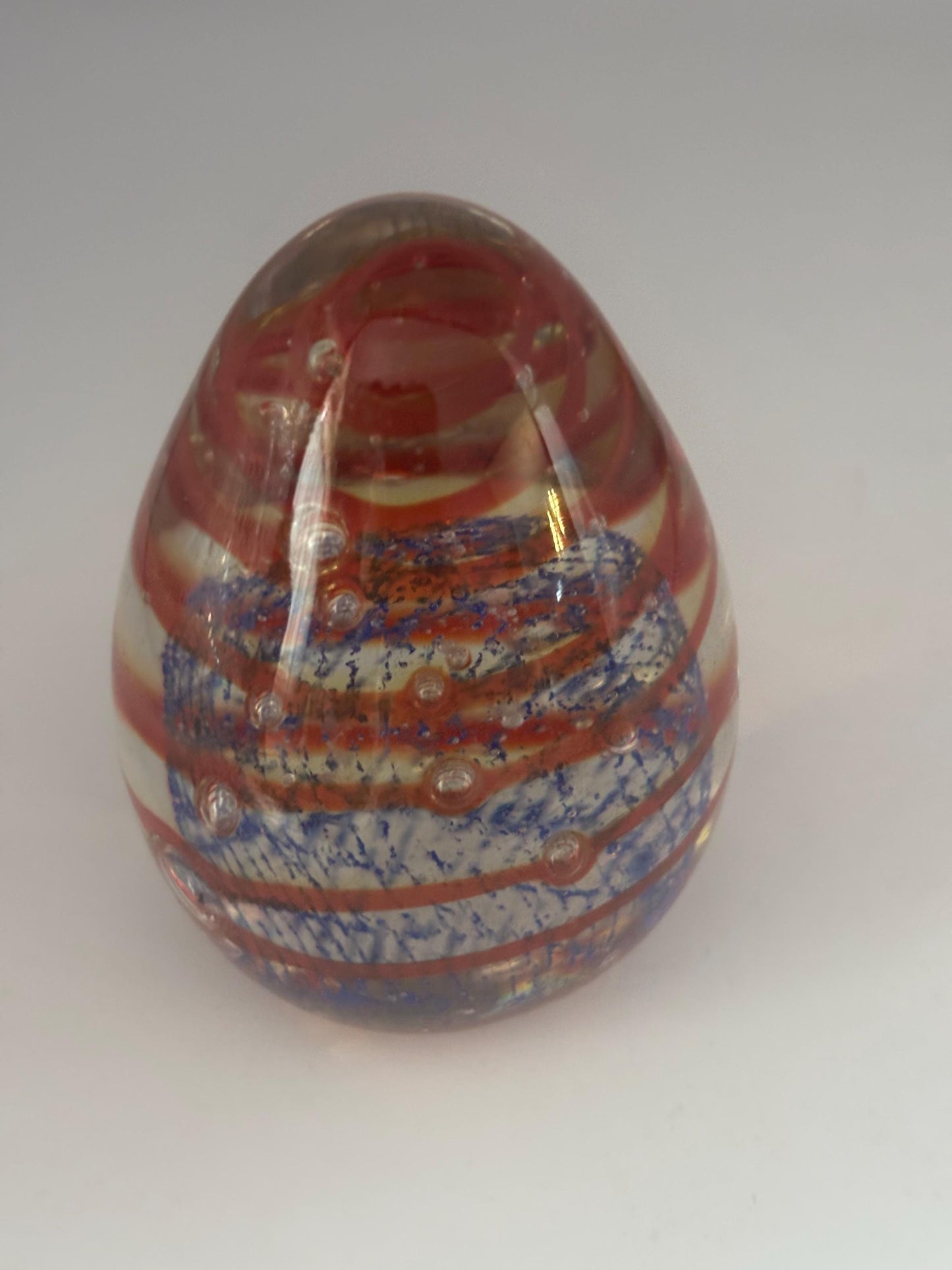 Vintage Murano Glass Paperweight Egg Blue Red Ribbons Italian Art Glass with Caged Bubbles