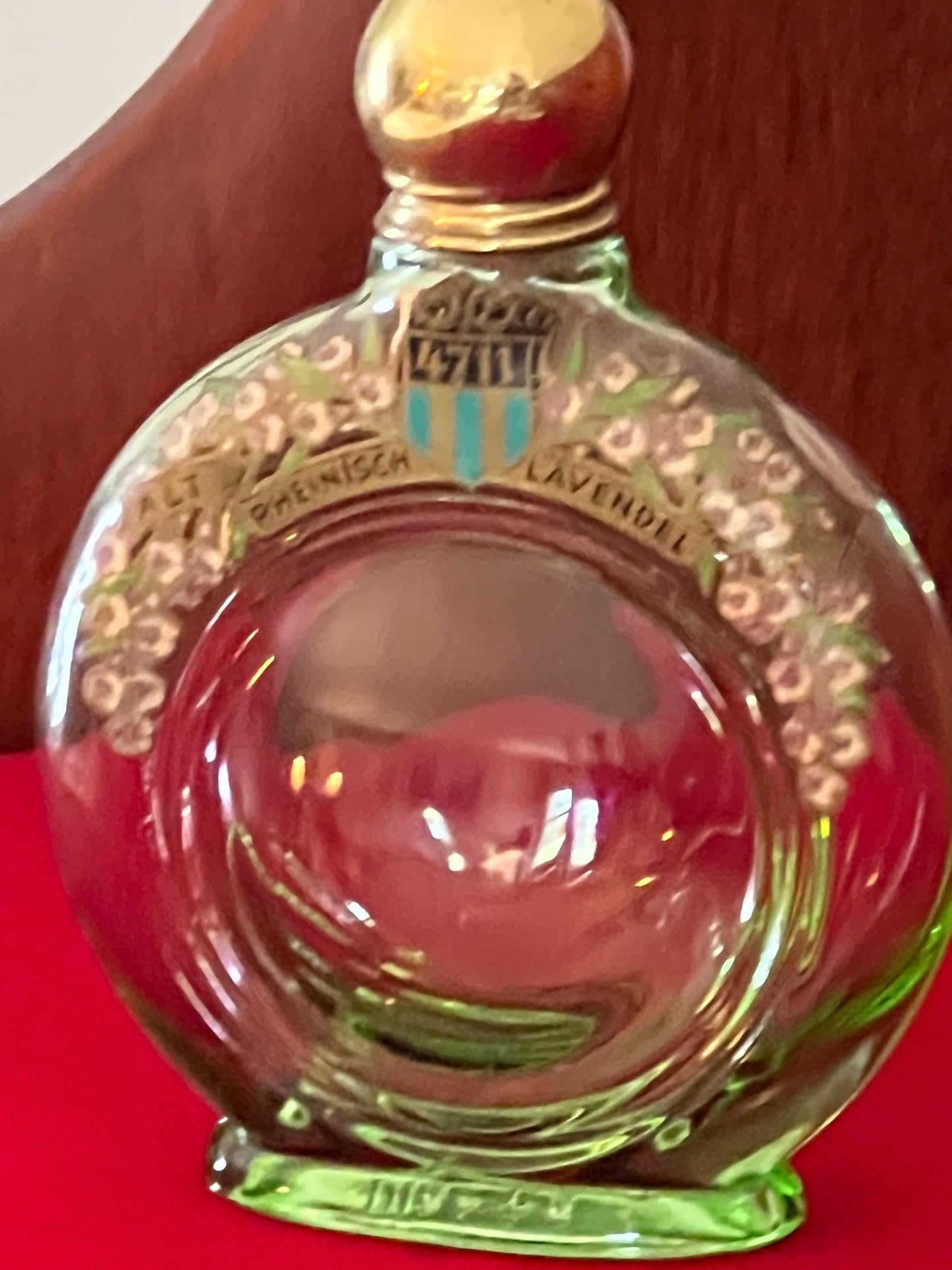 Vintage Green Glass Rheinisch Lavendel Lavender Perfume Bottle No. 4711 Pretty Parfum Round Bottle Lover Antiques and Vintage