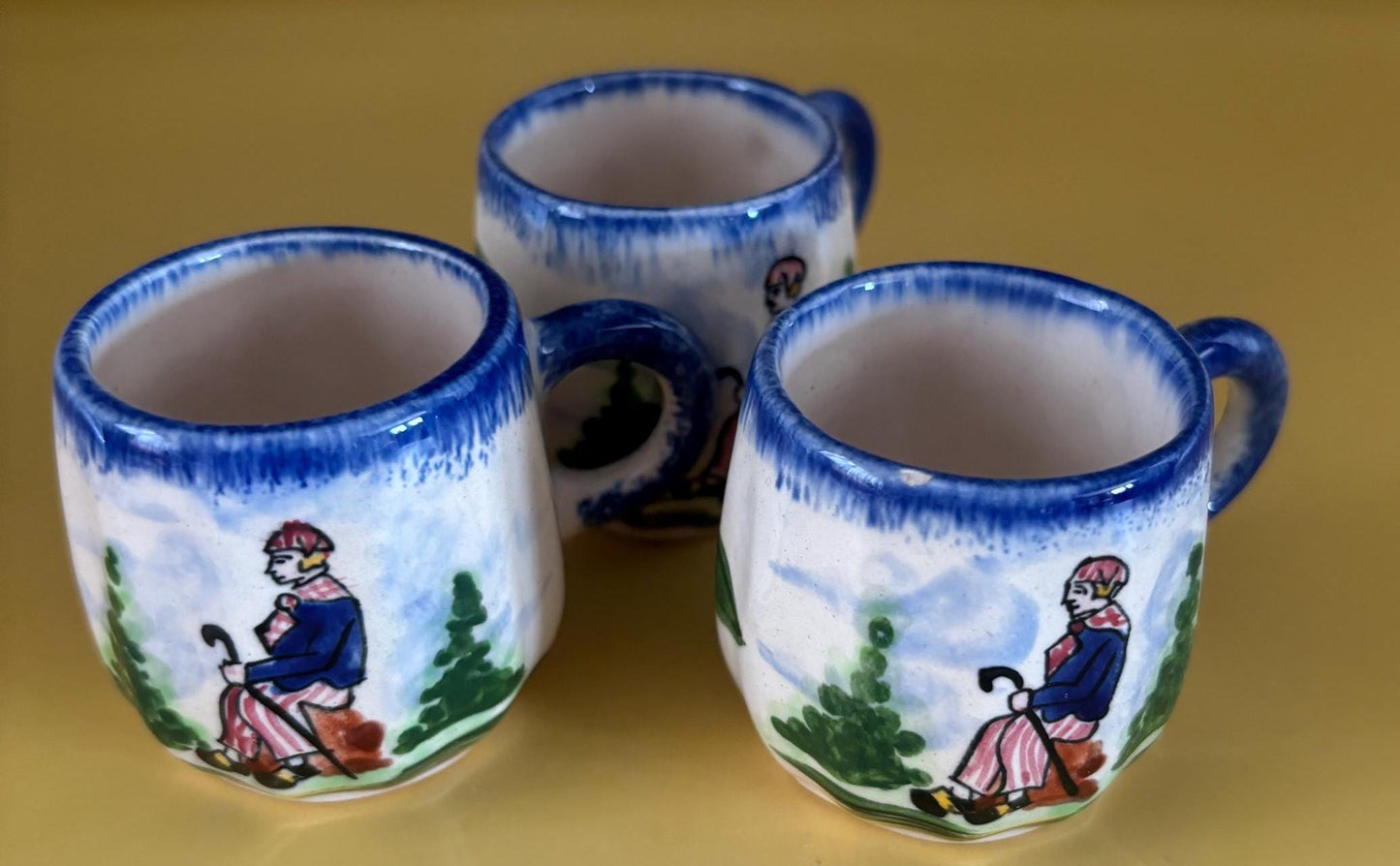 Vintage Gabrielle Fourmaintraux Breeze Pierrick Faience Desvres Calvados Ceramic Set of 3 Cups Mini Mug Set Lover Antiques and Vintage