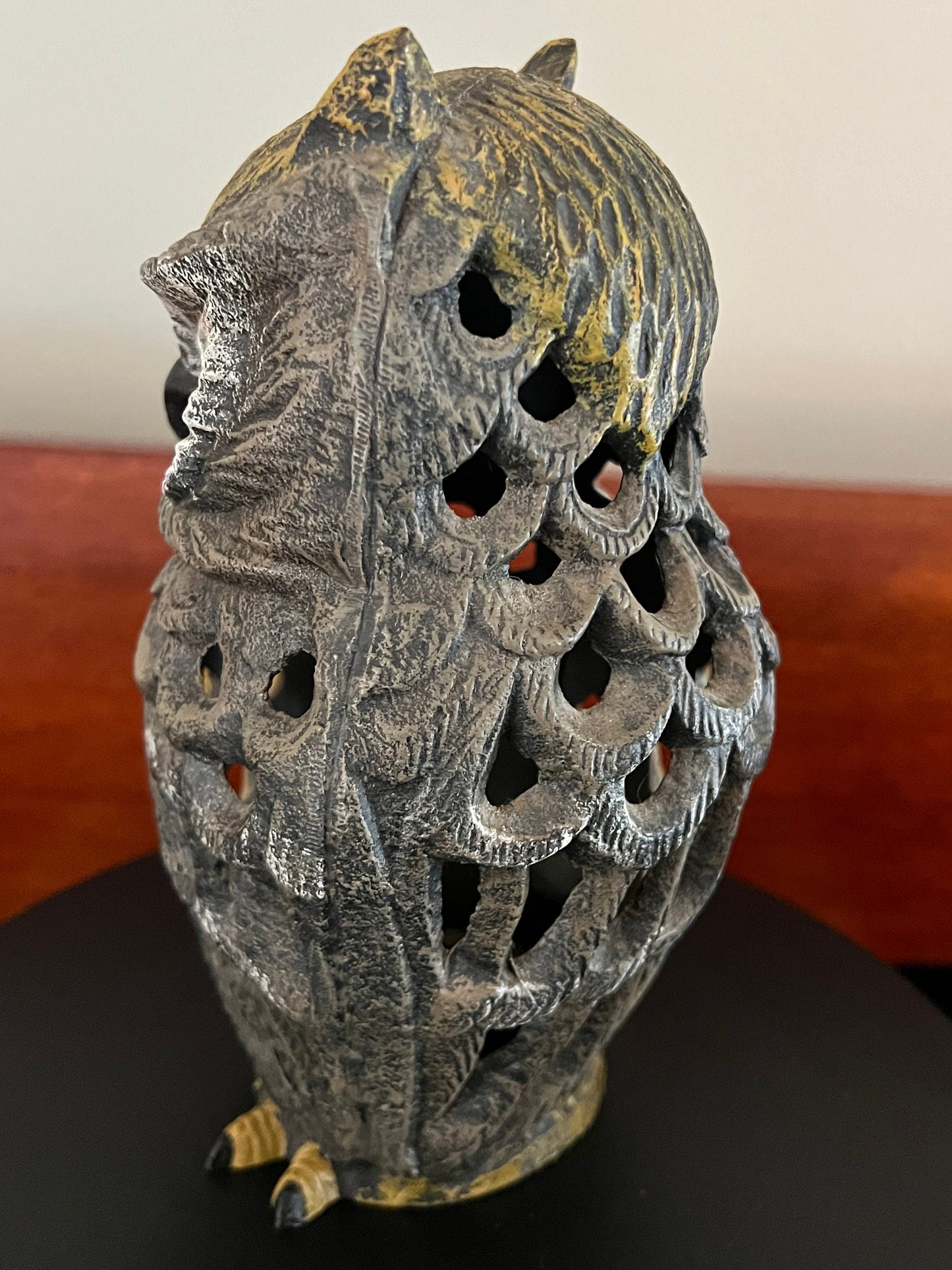 Antique Cast Iron Owl Candle Lamp: Original Patina