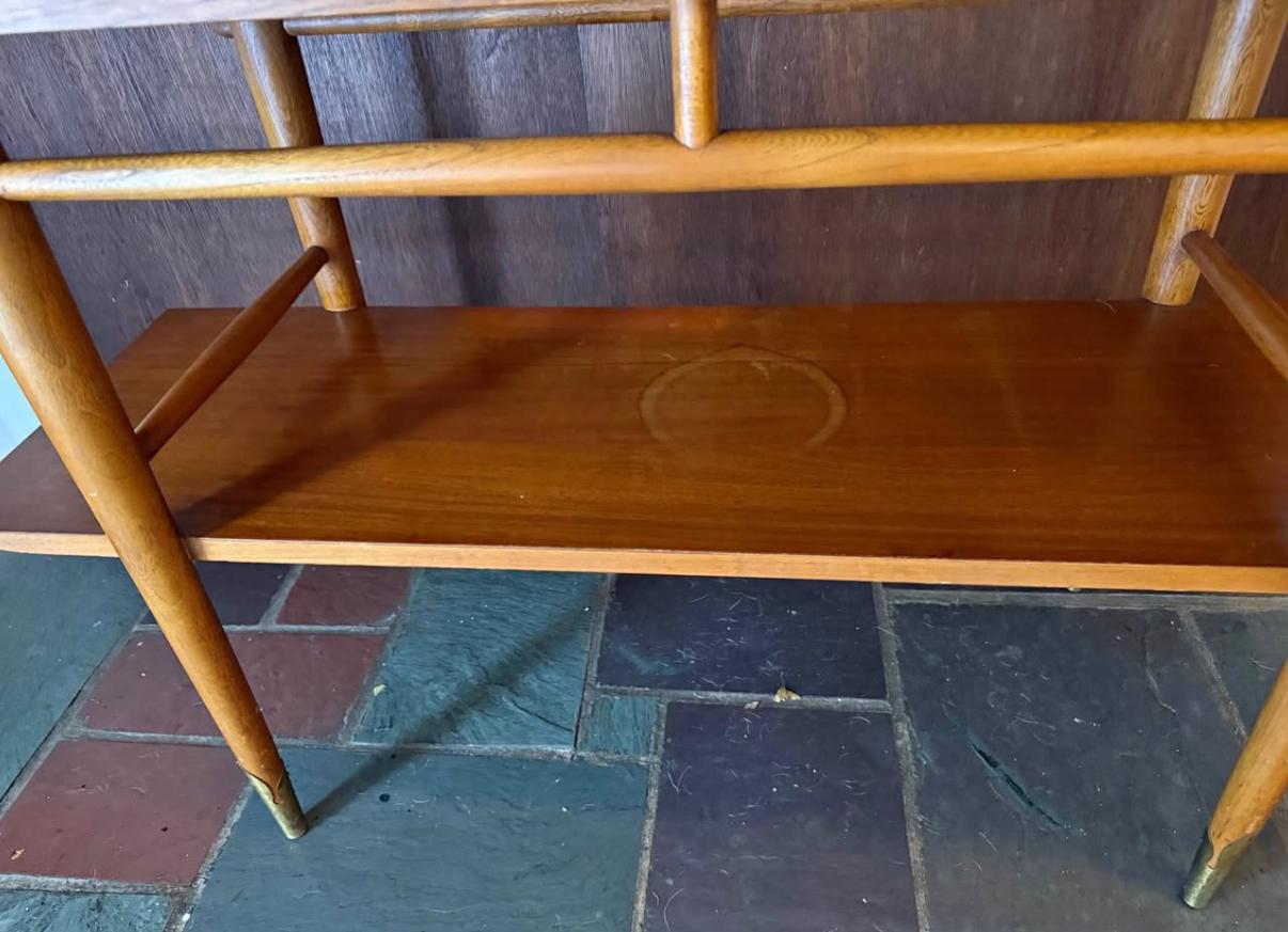 Lane Copenhagen Mid Century Modern Walnut Console Table, Tapered Legs with Brass Tips & a Cut Out, Lover Antiques and Vintage