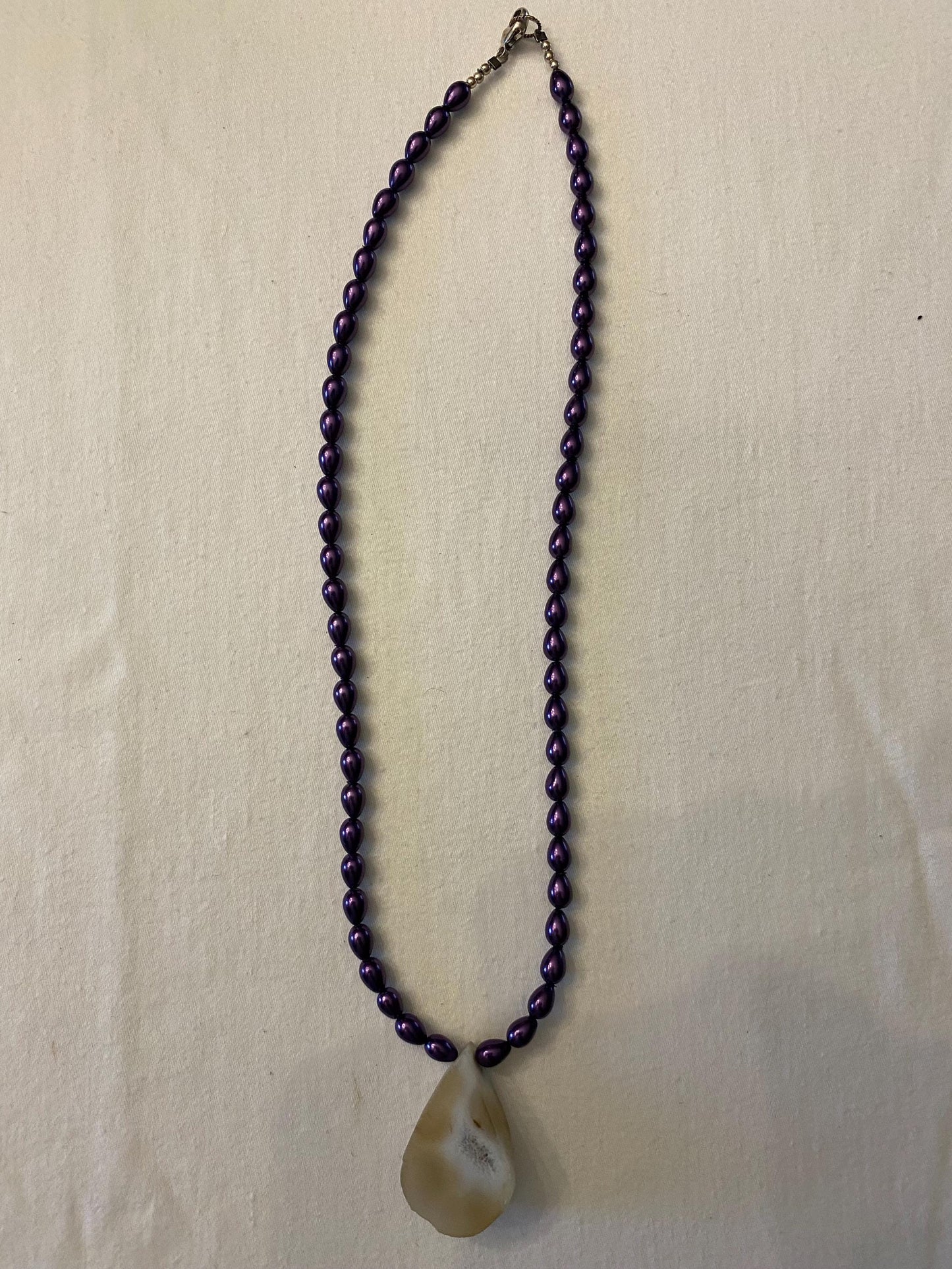 Vintage Purple Beaded Necklace with Natural Geode Pendant