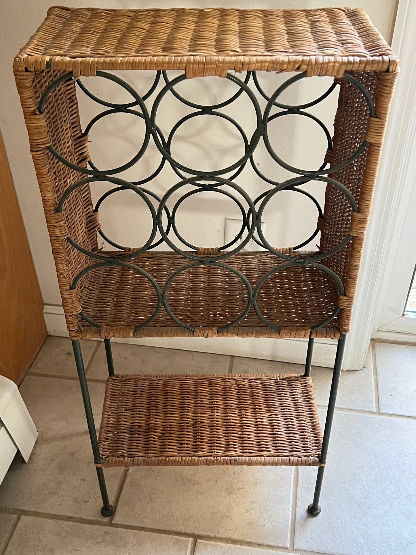 Vintage Wicker and Metal Wine Rack - 9 Bottle Holder