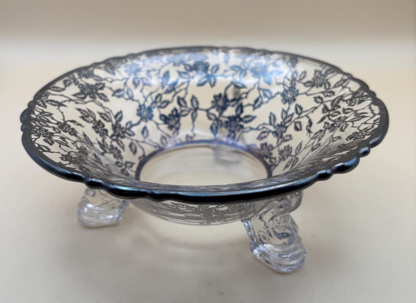 Vintage Silver on Crystal Large Three Footed Glass Bowl By Silver City Lover Antiques and Vintage