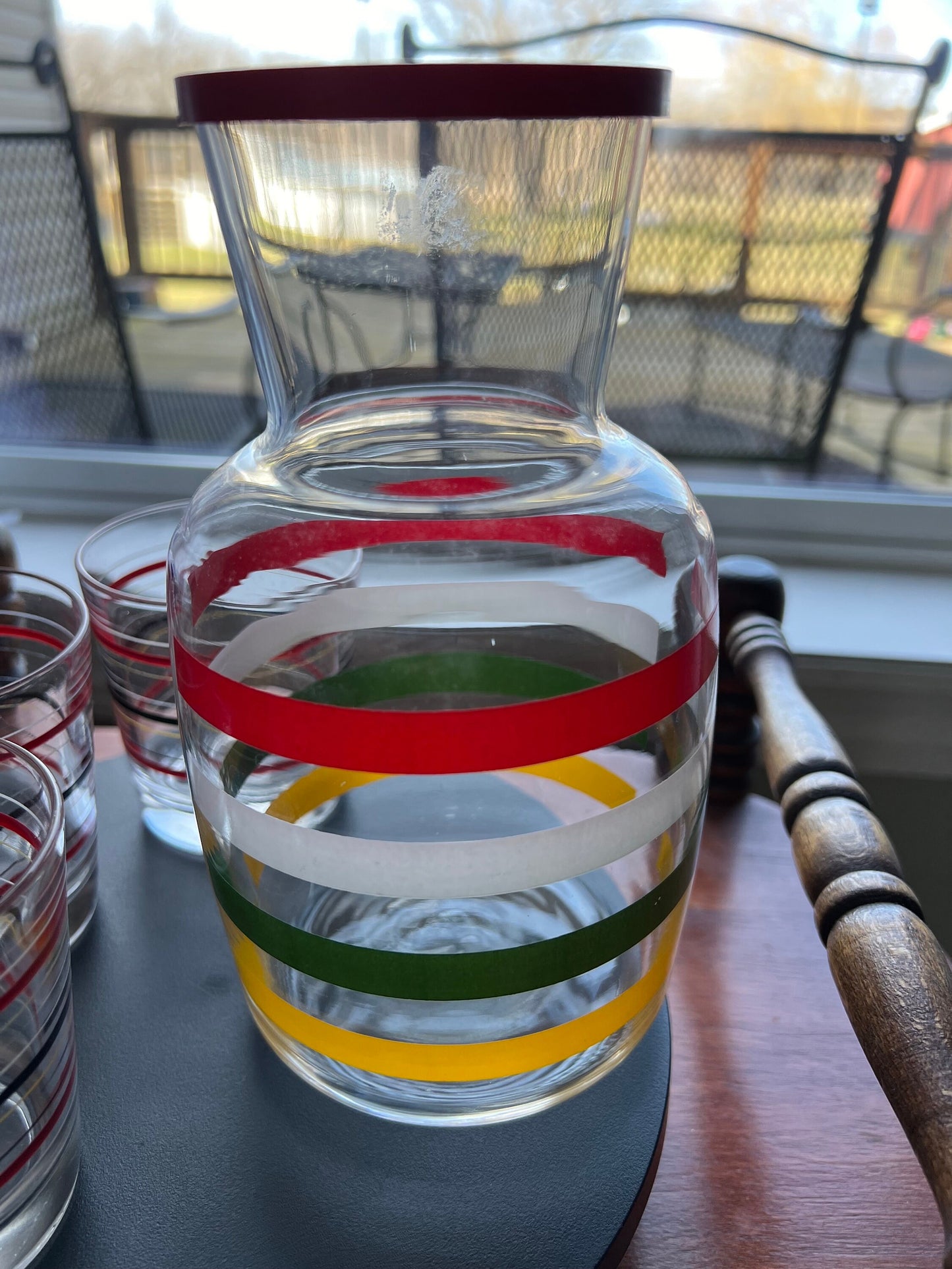 Vintage Fiesta Bands Striped Carafe with Lid & Glasses - Mid Century Modern Anchor Hocking