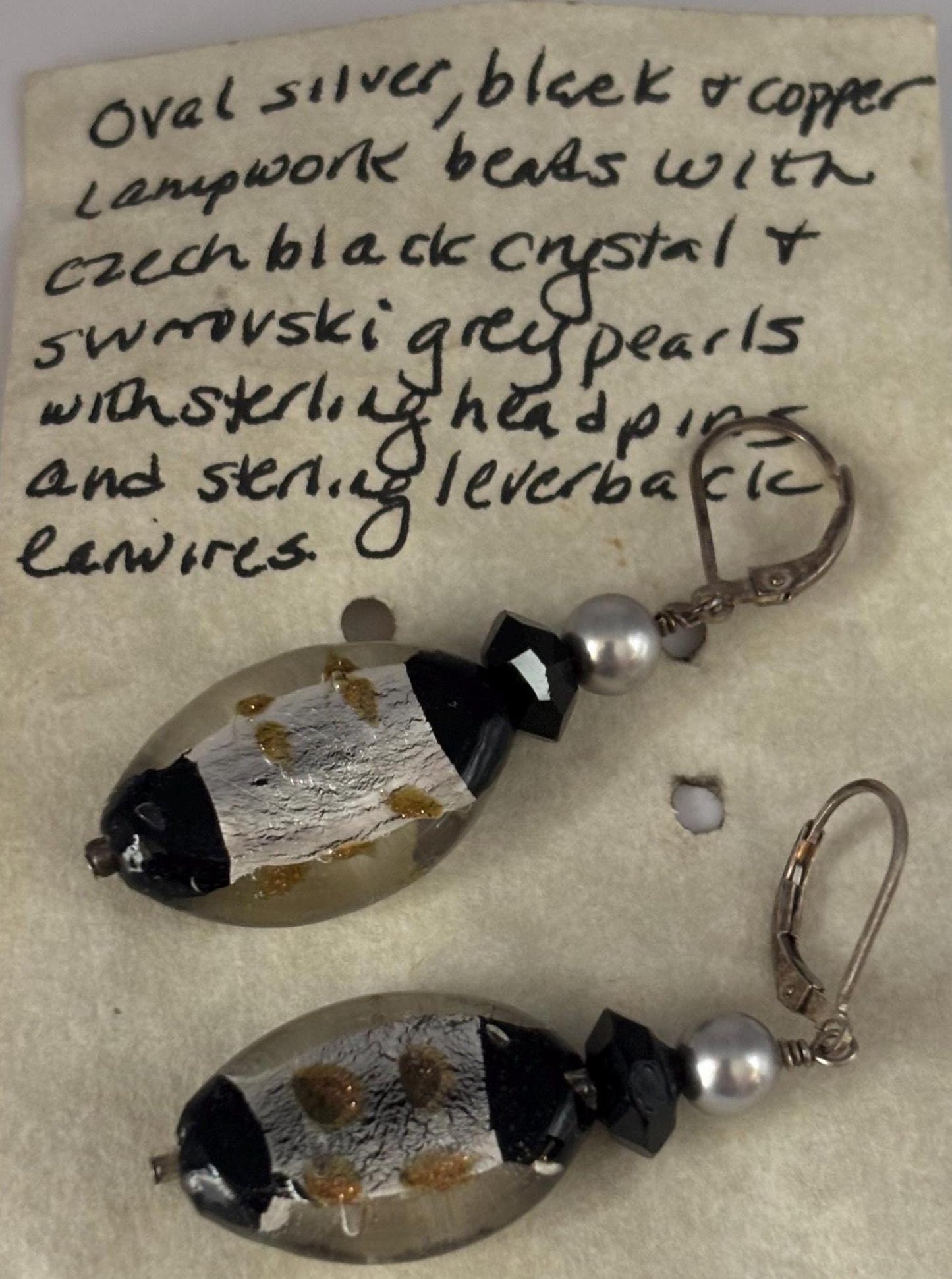 Vintage Silver Black & Copper Lampwork Beads with Czech Black Crystal Swarvoski Grey Pearls Lover Antiques and Vintage
