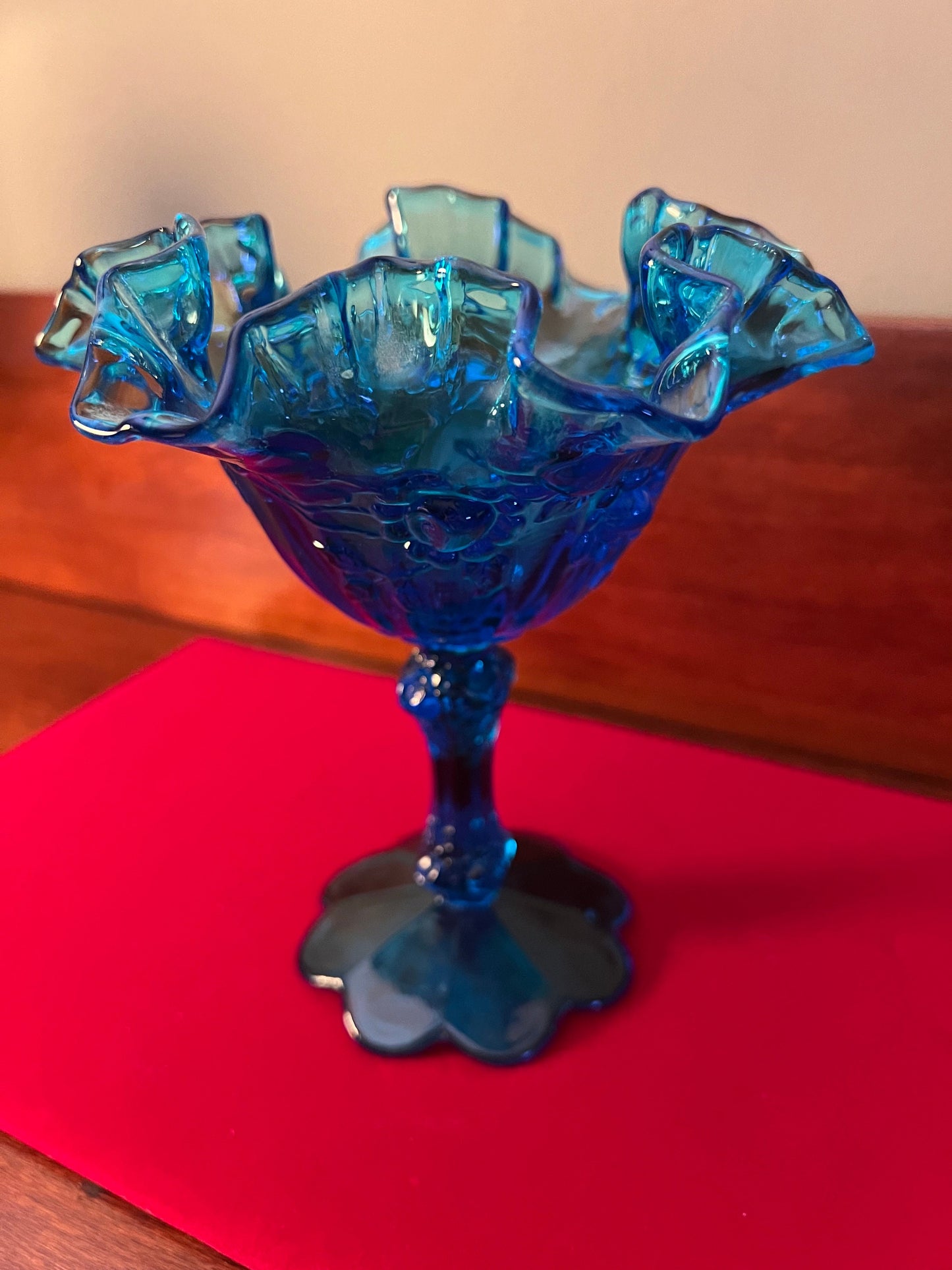Vintage Fenton Colonial Blue Ruffled Compote, Fenton Art Glass, Candy Dish, Fancy Blue Glass Art, Lover Antiques and Vintage