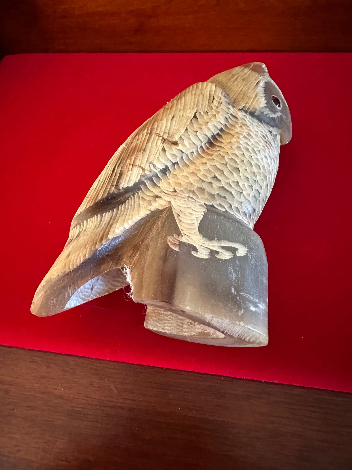 Vintage Hand Carved Horn Owl Figurine: Painted Owl Sculpture