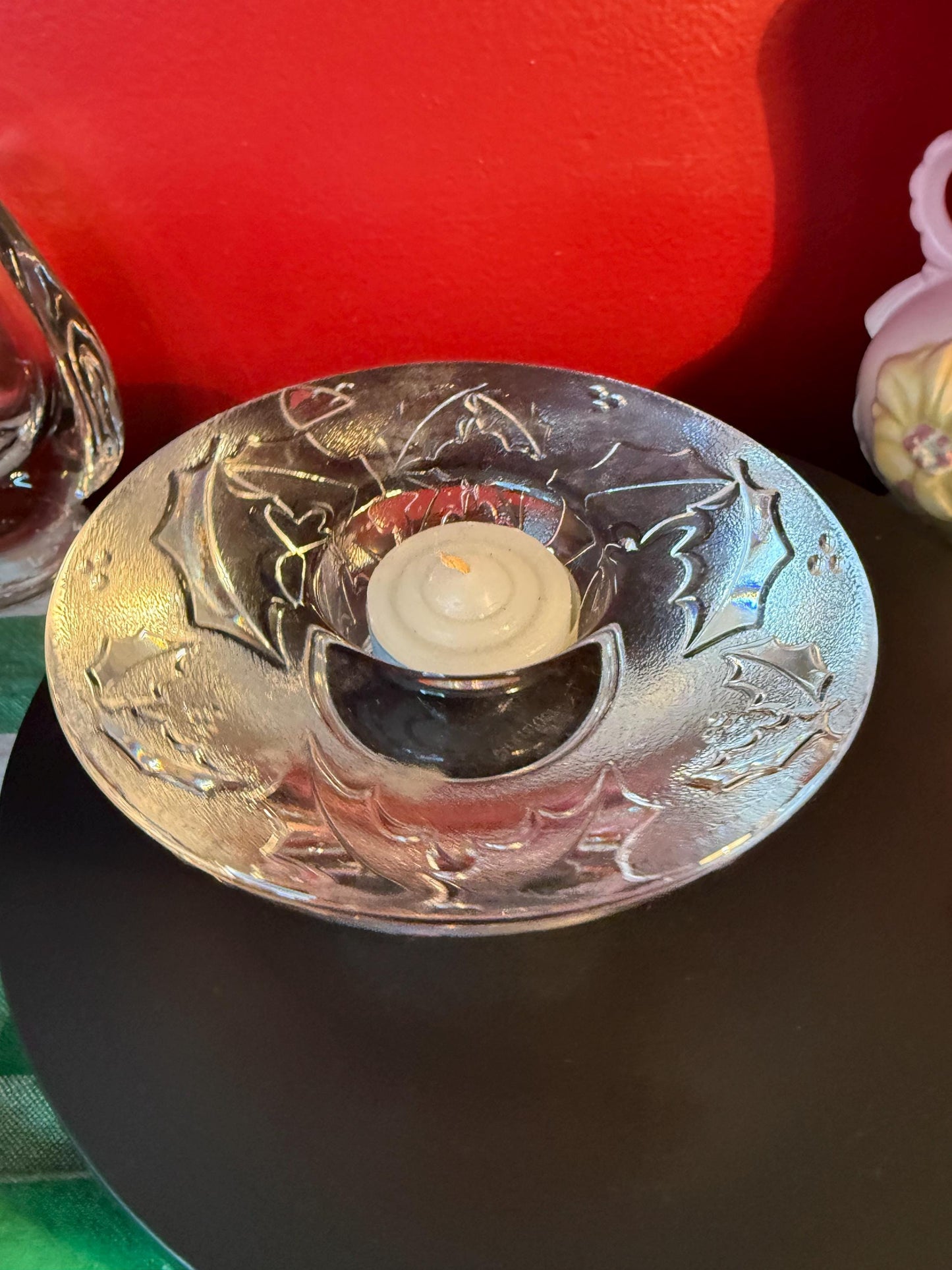Vintage Glass Votive Candle Holder 5 Inch Wide 2 Inch High Embossed Design