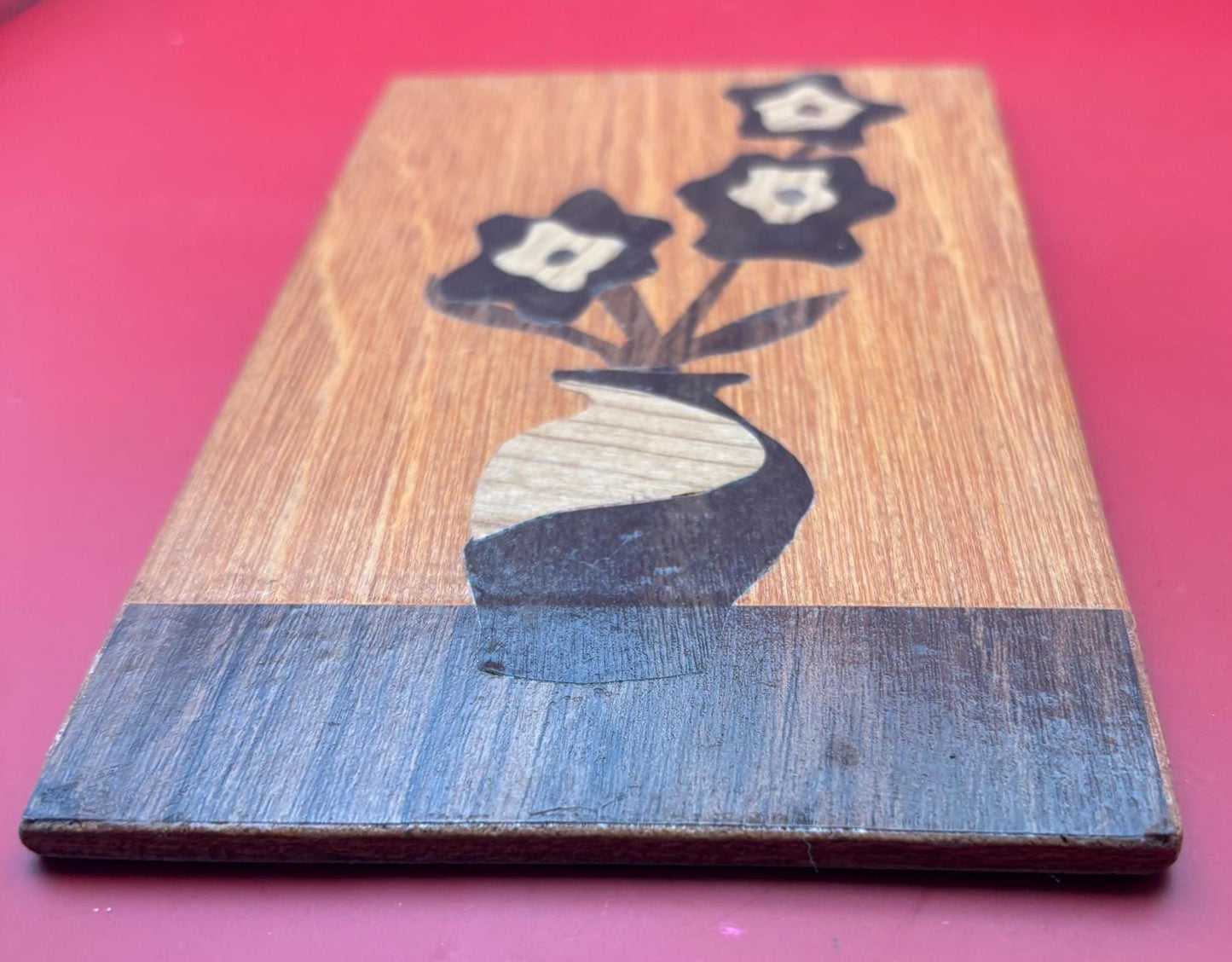 Handmade Flower Marquetry Wood Inlay Art Wall Hanging, Several Distinct Wood Tones