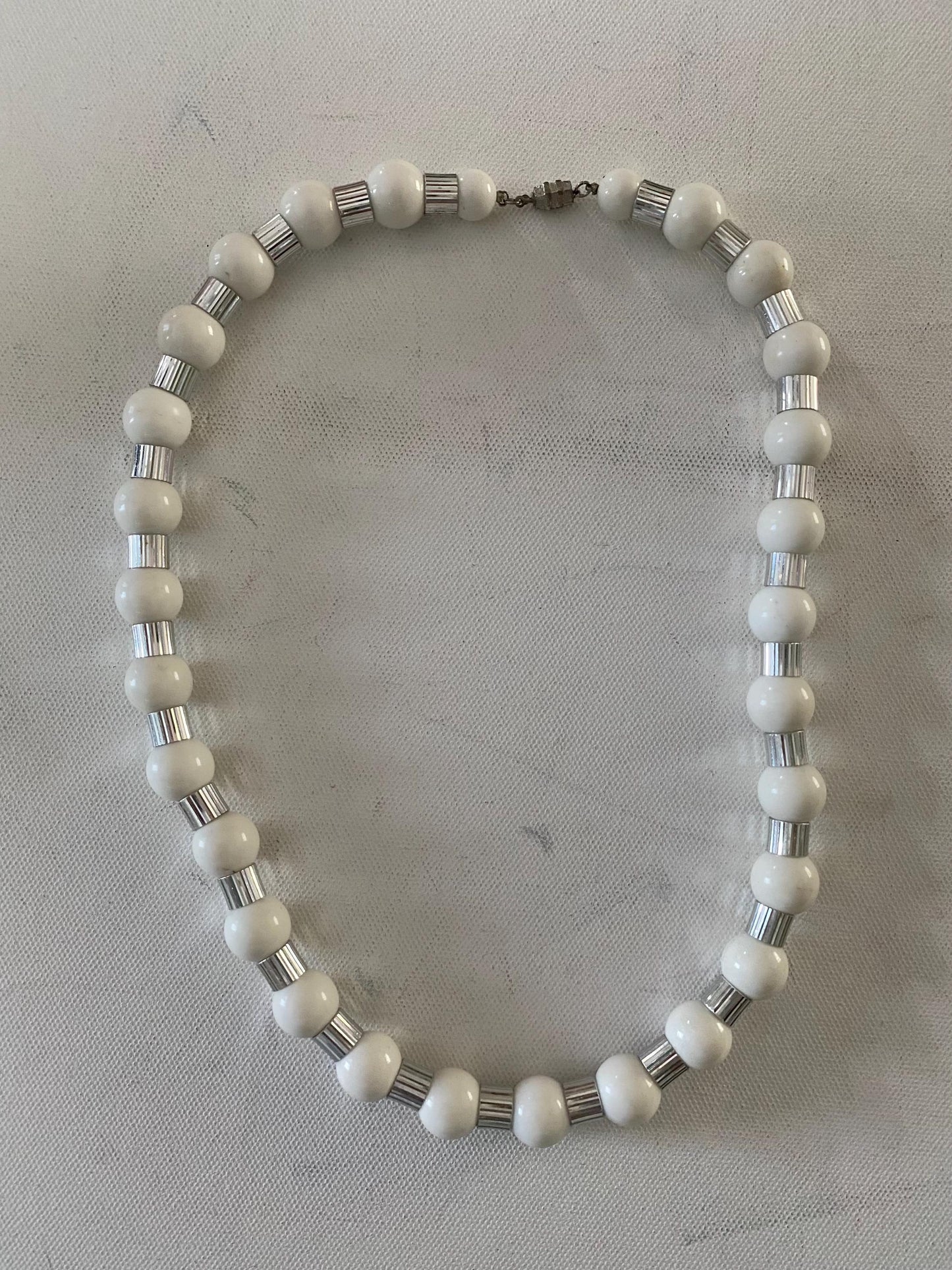 Vintage White Beaded Necklace with Silver Accents