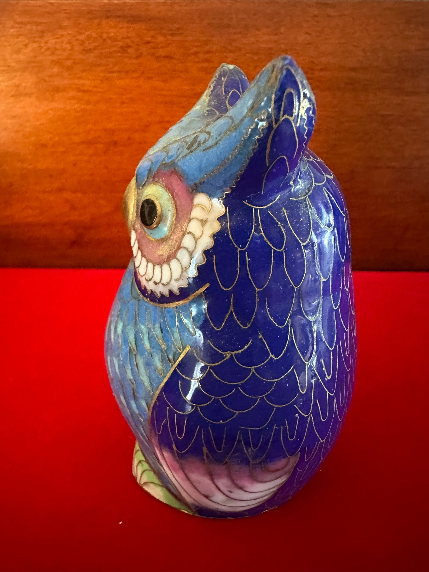 Vintage Cloisonné Enamel Owl Statue: Cobalt Blue & Brass