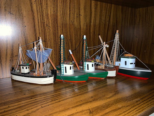 Vintage Collection of 5 Carved Wooden Sailboats Boats Folk Art Wood Nautical Decor Boating Pirate Figurine Wood Statues Figurines