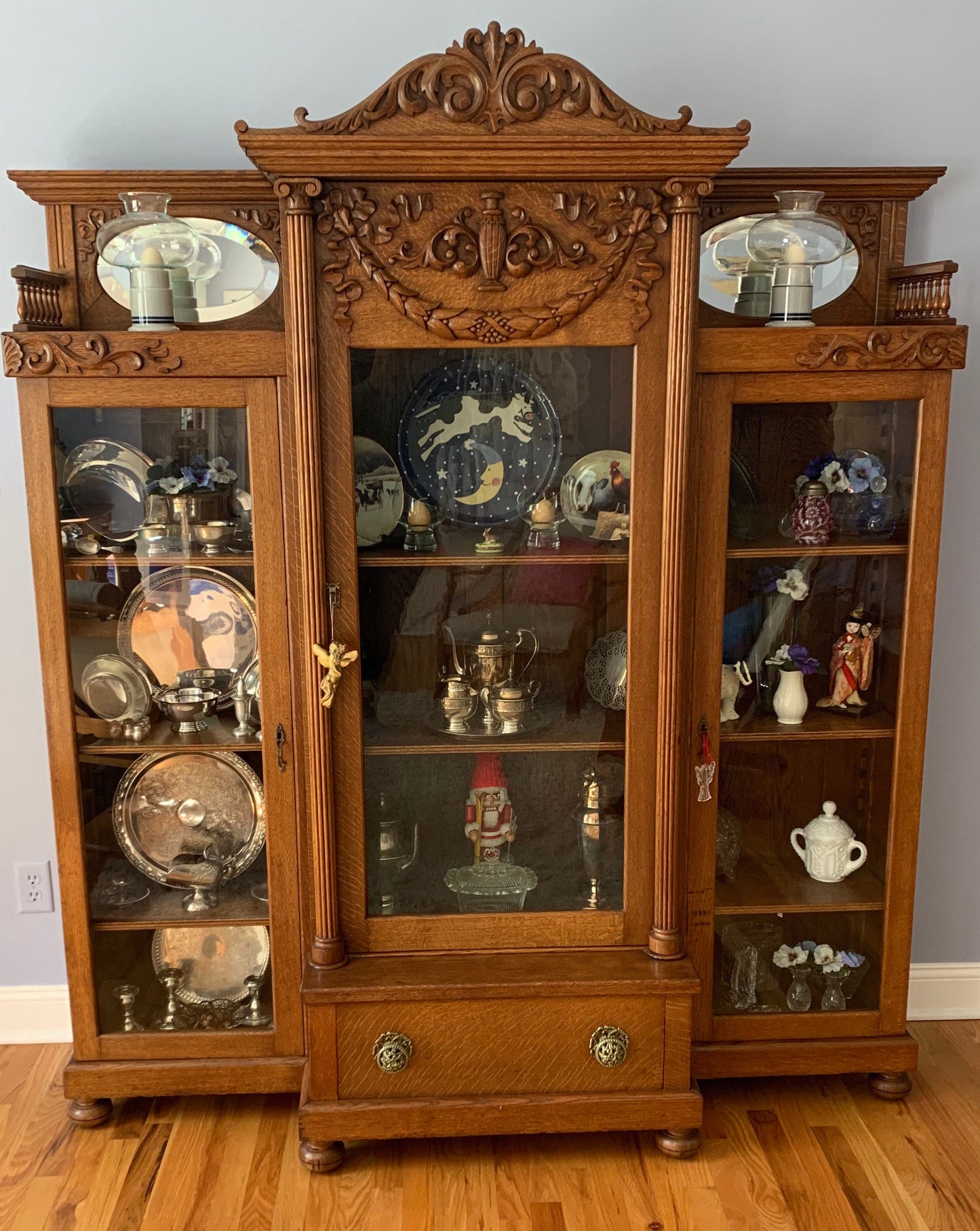 Antique Quarter Sawn Oak Triple Library Bookcase Early 1900’s Spectacular Piece Wavy Glass Bookshelf Lover Antiques and Vintage