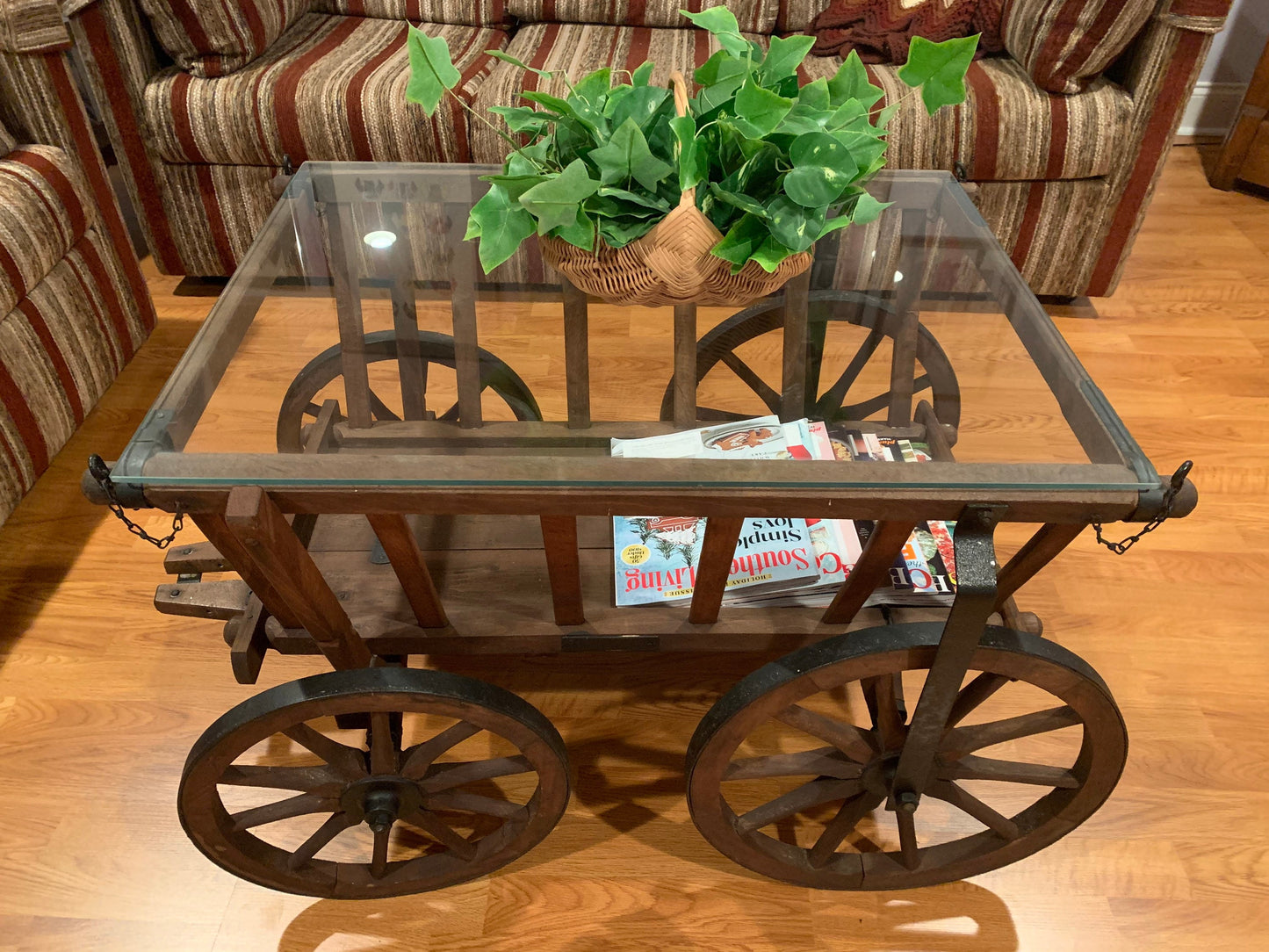 Antique Wheeled Wood Coffee Table Wood and Glass