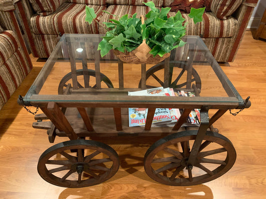 Antique Wheeled Wood Coffee Table Wood and Glass