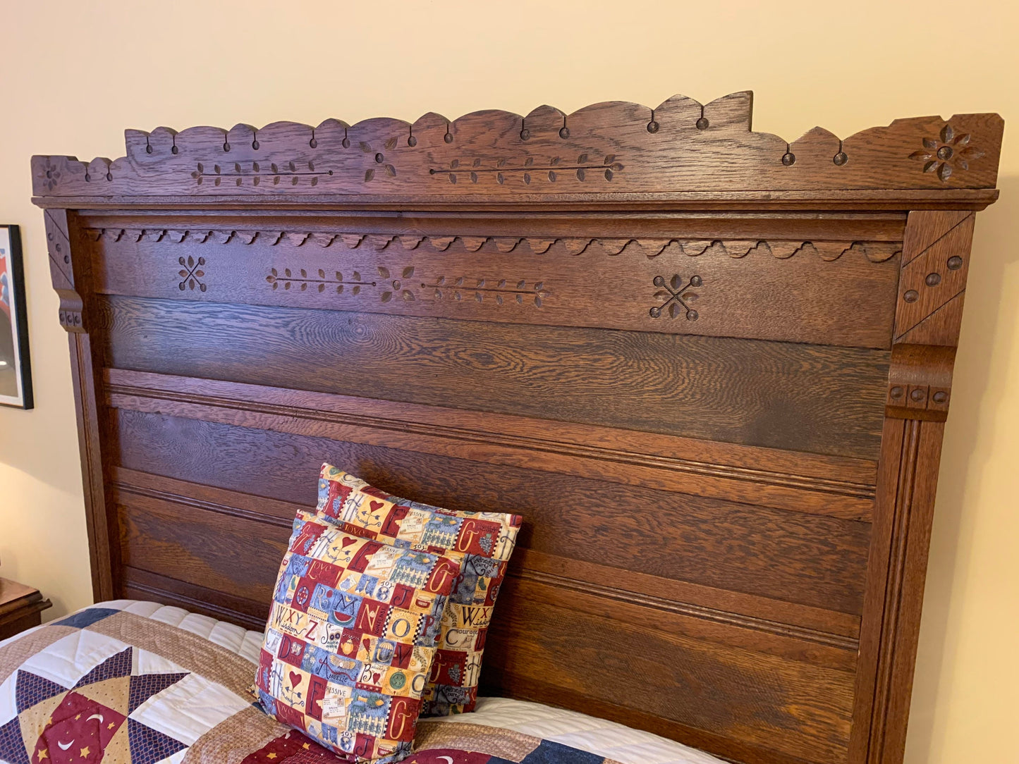 Antique Carved Oak Wood Full Size Bed Headboard, Footboard