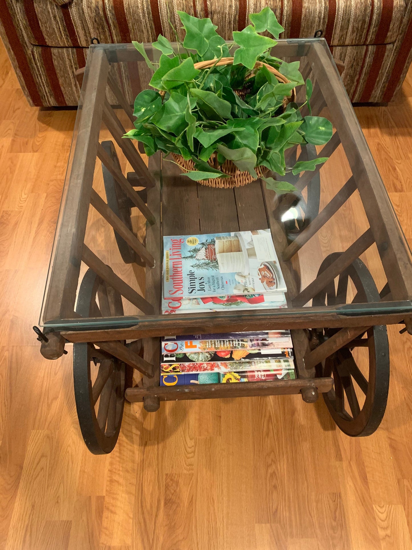 Antique Wheeled Wood Coffee Table Wood and Glass