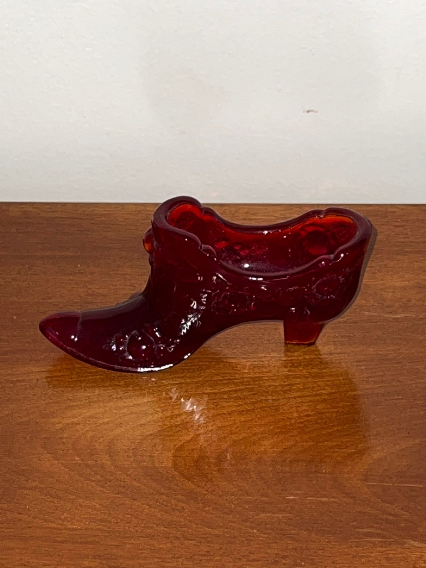 Fenton Ruby Red Amberina Glass Shoe Slipper Boot with Roses Excellent Condition