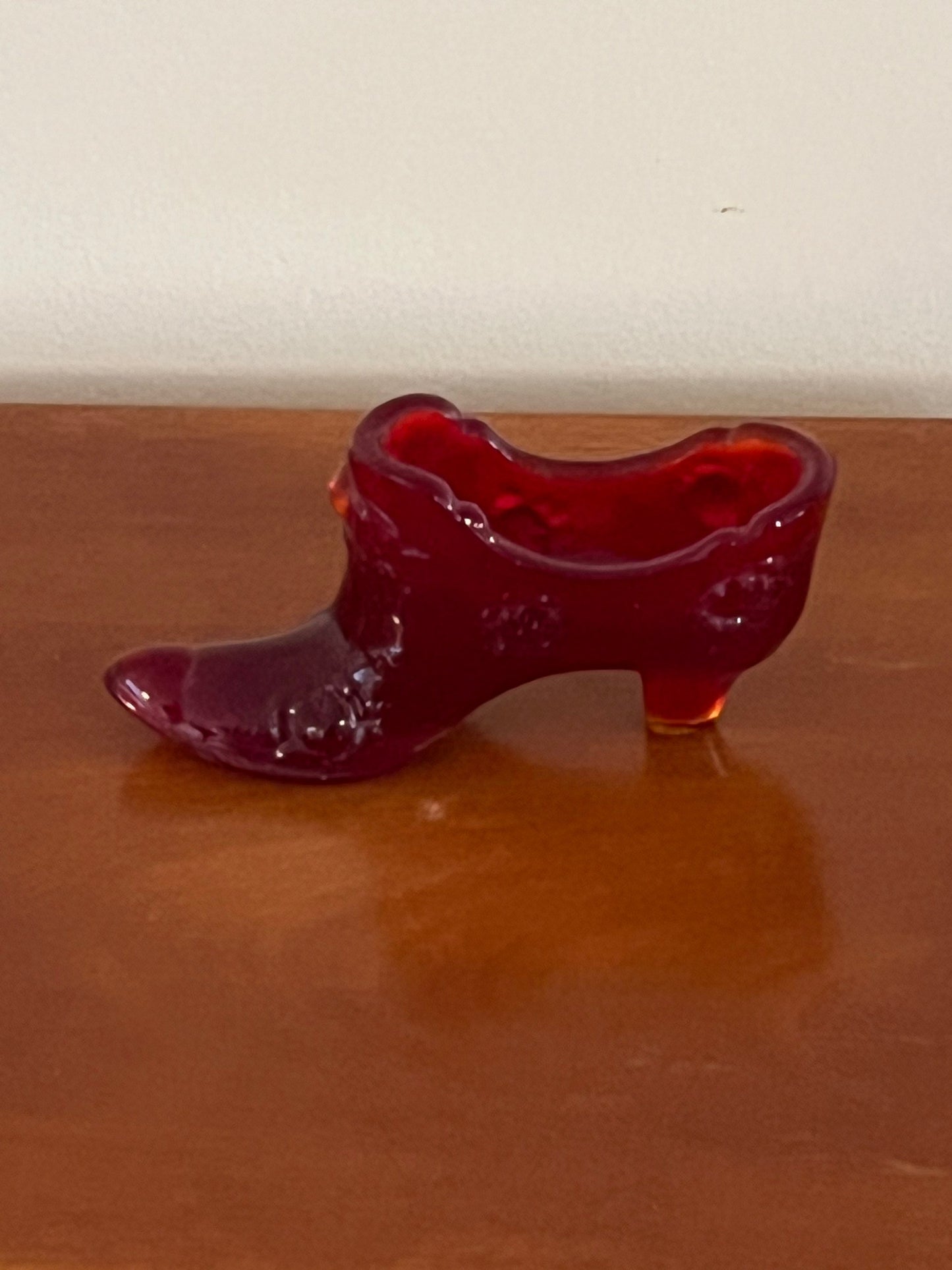 Fenton Ruby Red Amberina Glass Shoe Slipper Boot with Roses Excellent Condition