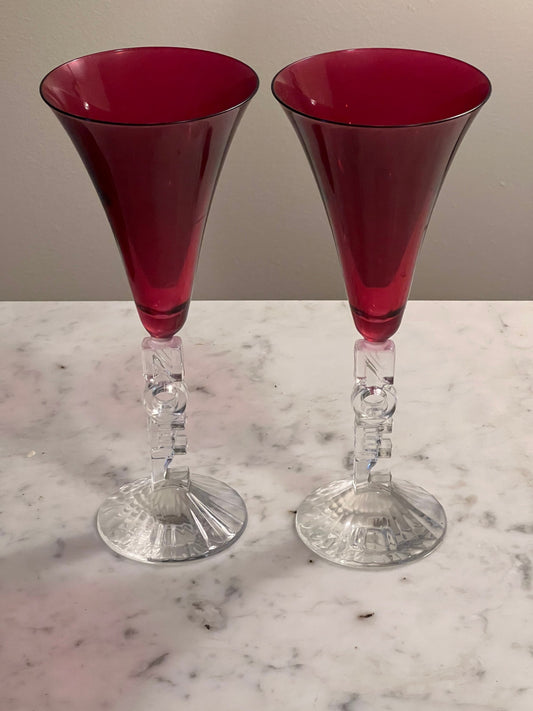 Set of 2 Cristal D’Arques Red Crystal Noel All Purpose Flutes 9.5”, Lover Antiques and Vintage