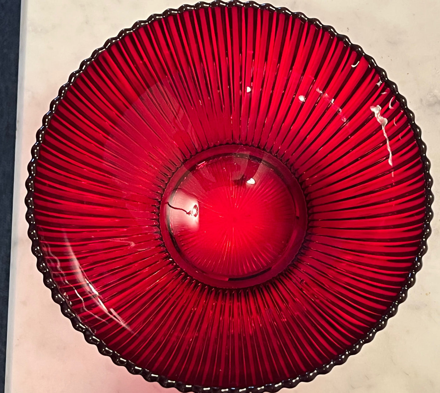 Vintage Anchor Hocking Glass Round Serving Bowl Queen Mary vertical ribbed or prismatic line pattern