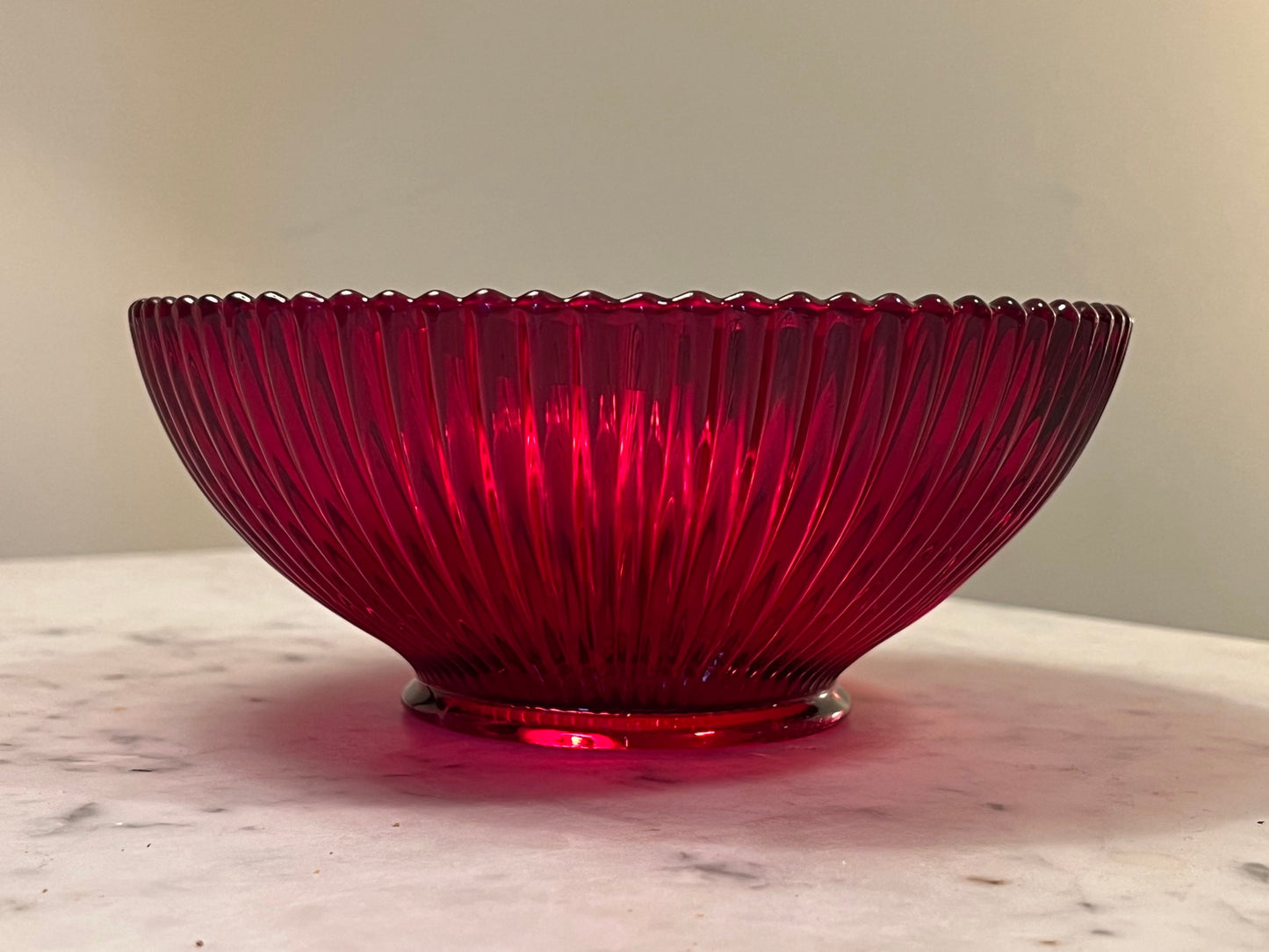 Vintage Anchor Hocking Glass Round Serving Bowl Queen Mary vertical ribbed or prismatic line pattern