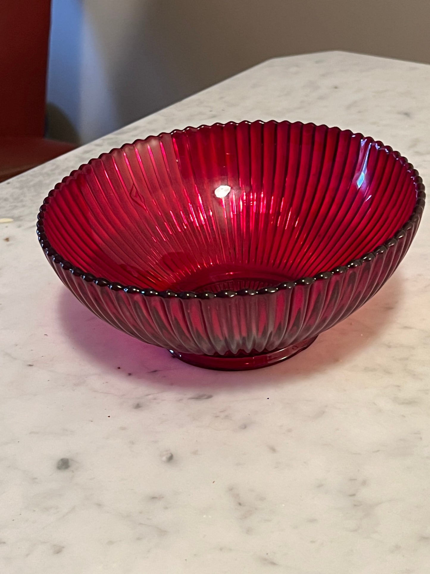 Vintage Anchor Hocking Glass Round Serving Bowl Queen Mary vertical ribbed or prismatic line pattern
