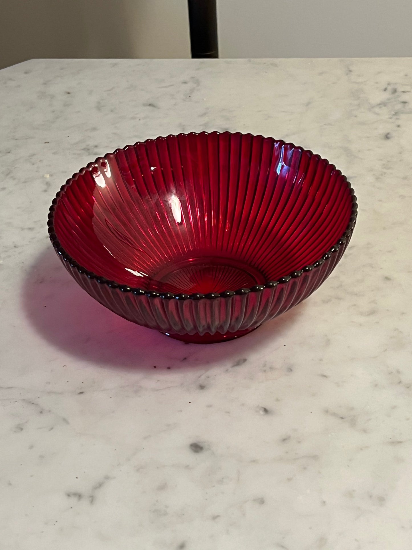 Vintage Anchor Hocking Glass Round Serving Bowl Queen Mary vertical ribbed or prismatic line pattern