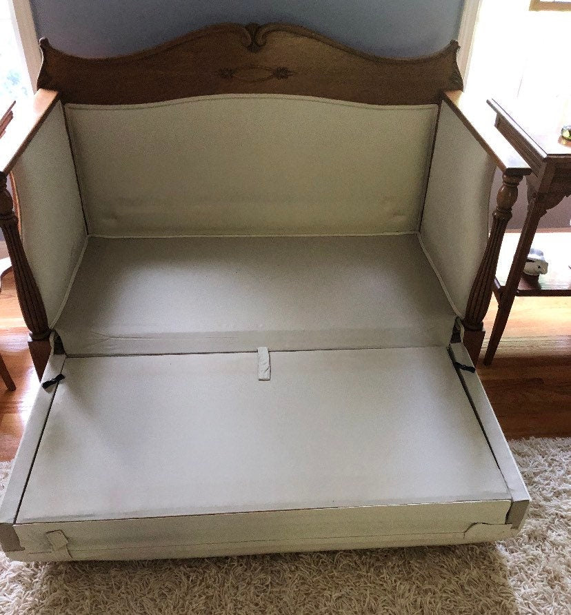 Antique Oak Carved Cream Loveseat with Pull Out Trundle Bed Lover Antiques and Vintage