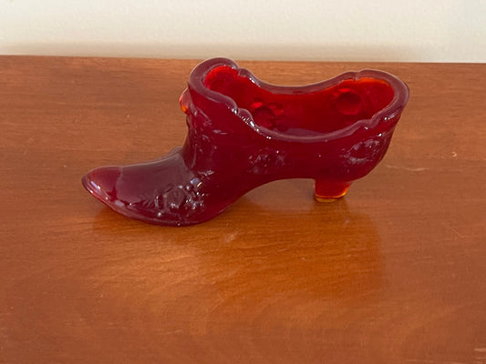 Fenton Ruby Red Amberina Glass Shoe Slipper Boot with Roses Excellent Condition