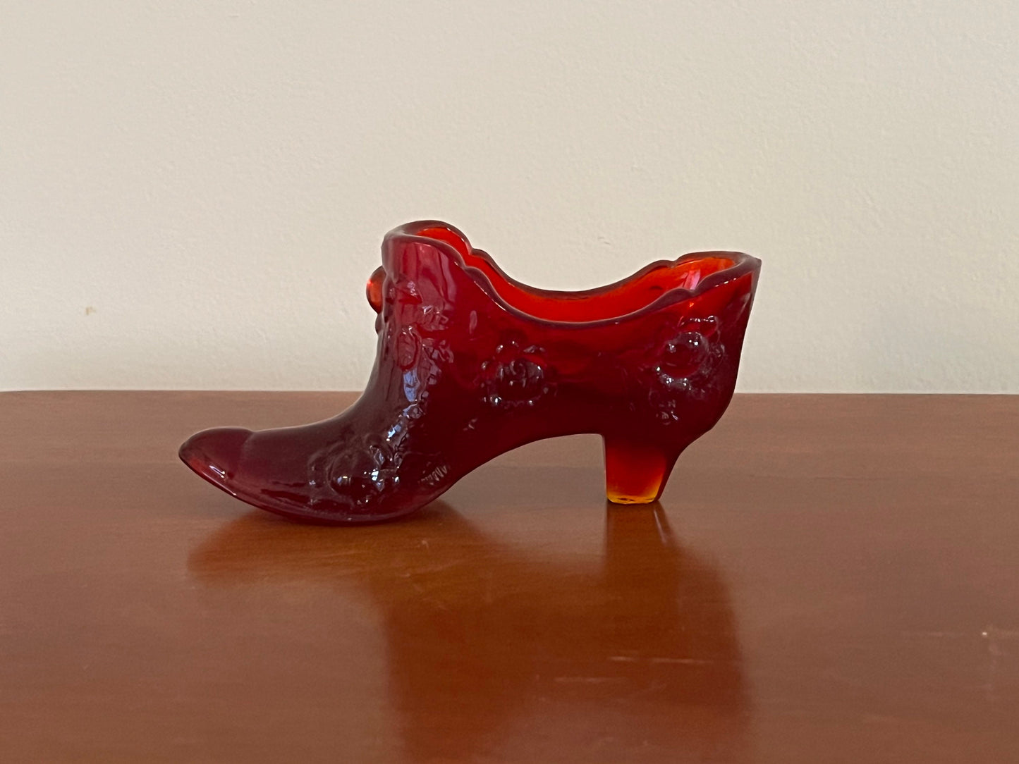 Fenton Ruby Red Amberina Glass Shoe Slipper Boot with Roses Excellent Condition