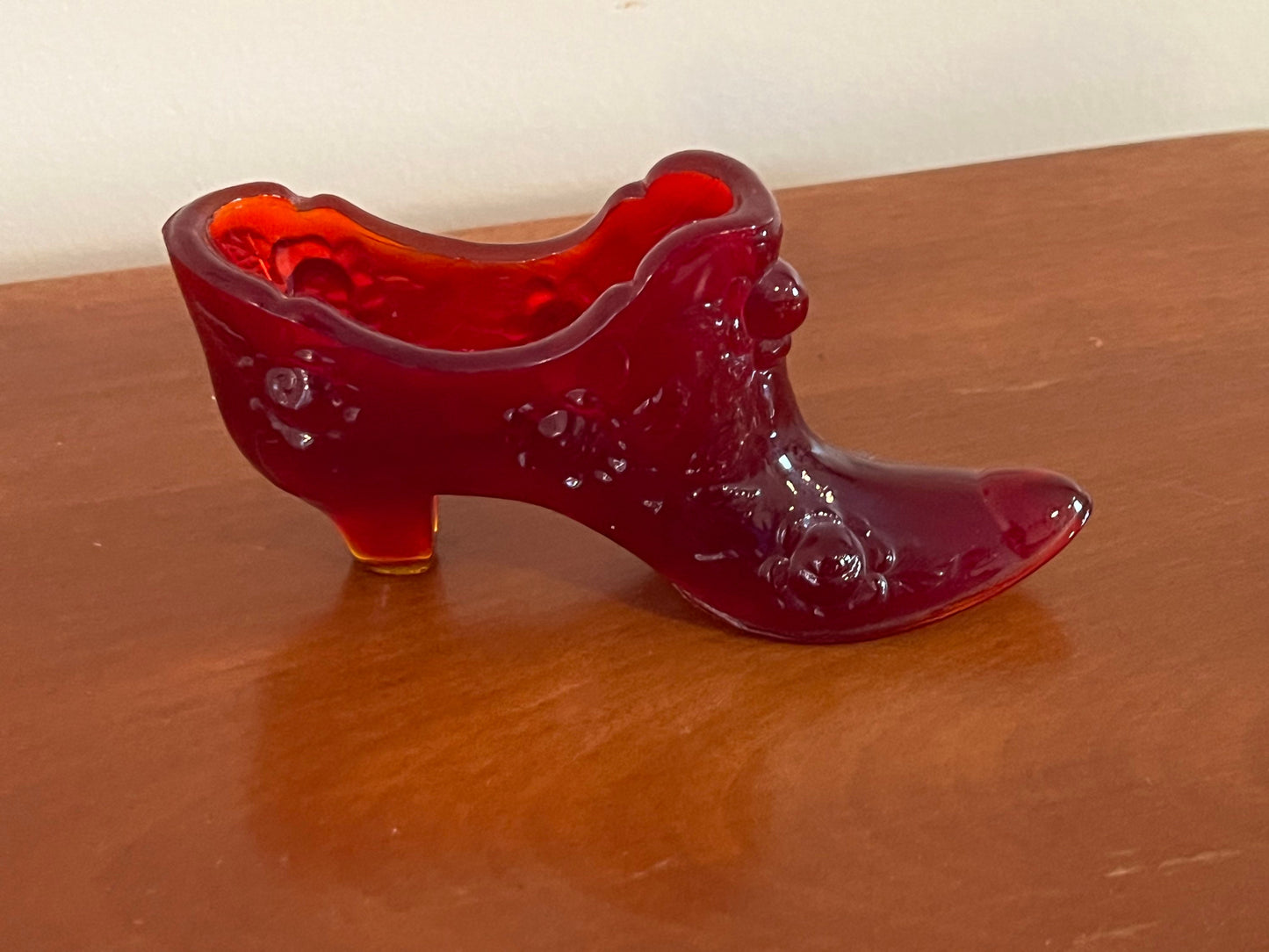 Fenton Ruby Red Amberina Glass Shoe Slipper Boot with Roses Excellent Condition