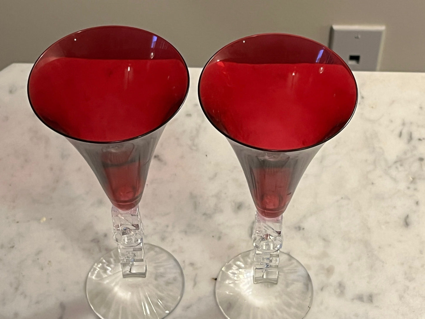 Set of 2 Cristal D’Arques Red Crystal Noel All Purpose Flutes 9.5”, Lover Antiques and Vintage