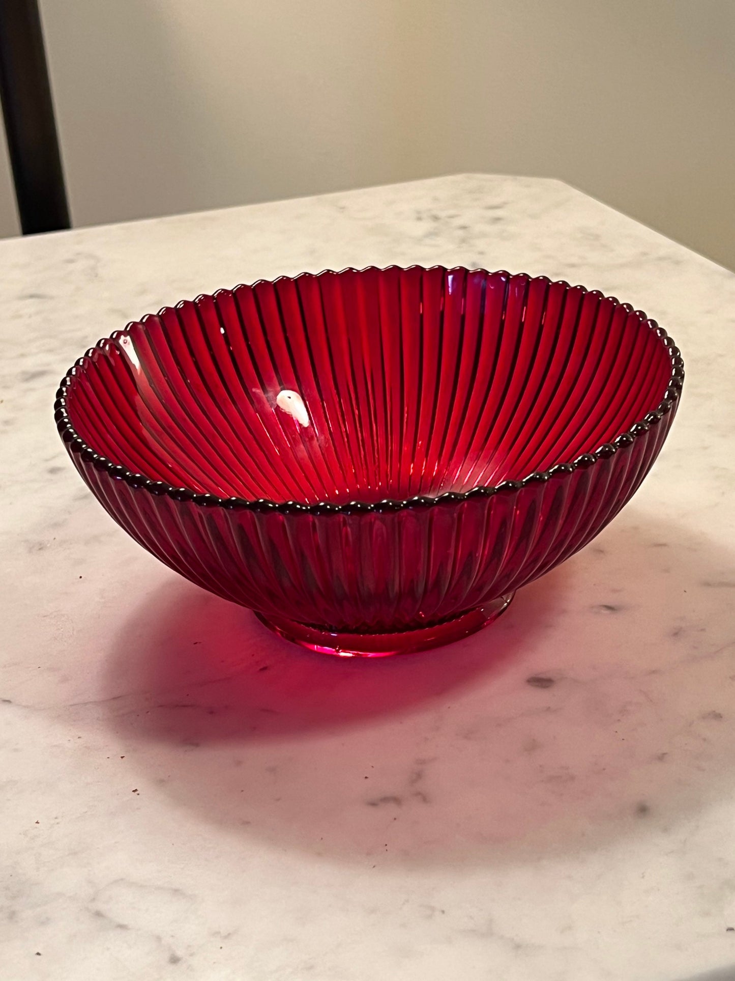 Vintage Anchor Hocking Glass Round Serving Bowl Queen Mary vertical ribbed or prismatic line pattern