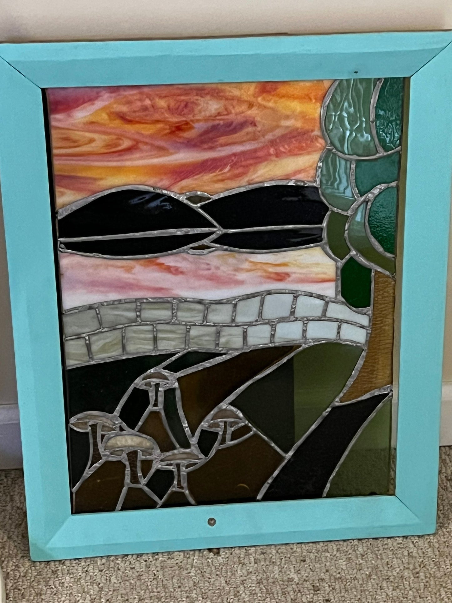 Vintage Mid Century Modern Stained Glass with Frame Unique Art Framed