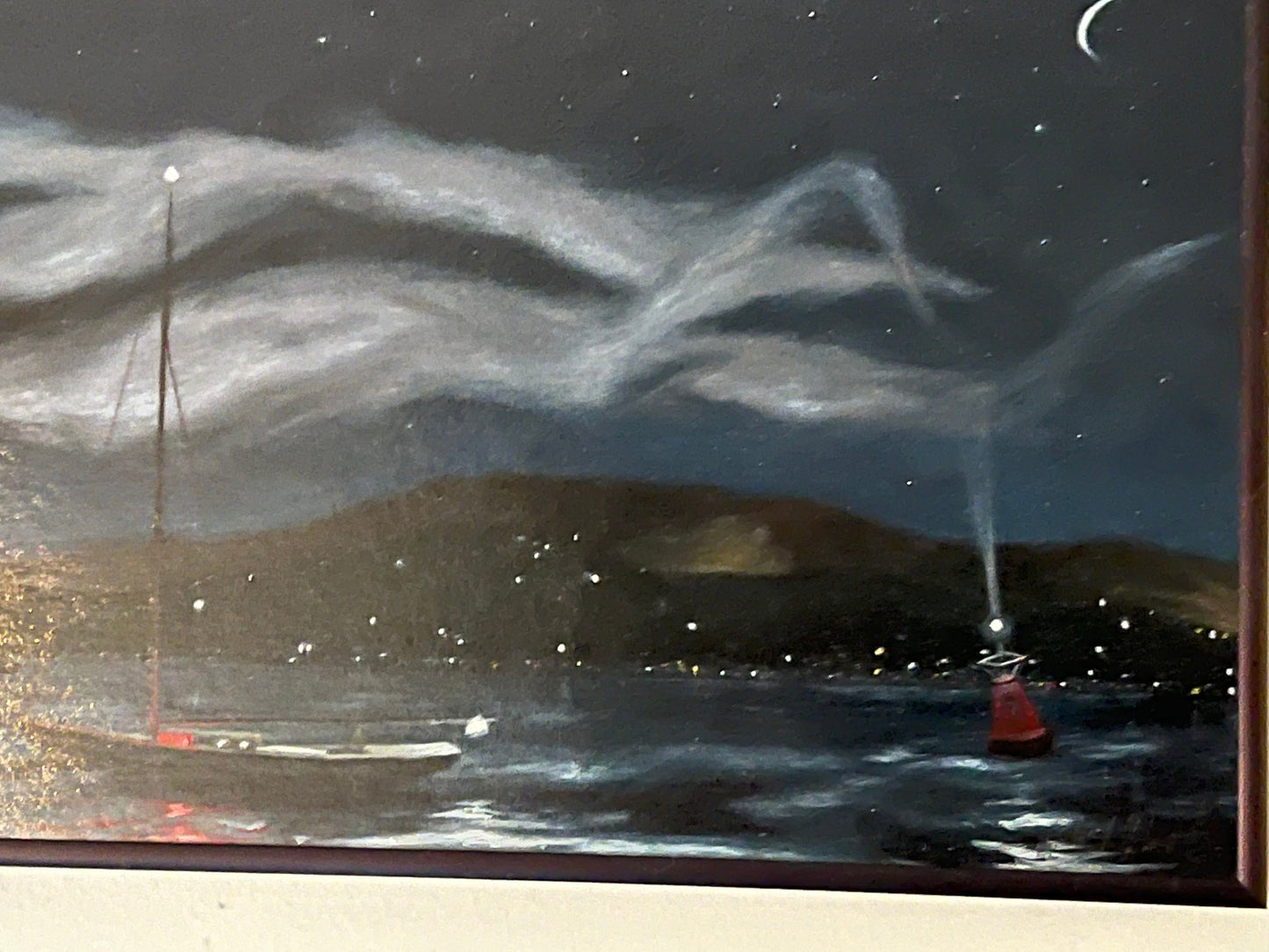 Vintage Boat at Night Hand Painted Painting signed by Artist Robert P. Schweitzer Mid Century Modern Artwork