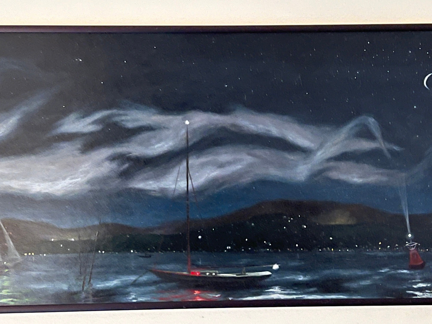 Vintage Boat at Night Hand Painted Painting signed by Artist Robert P. Schweitzer Mid Century Modern Artwork