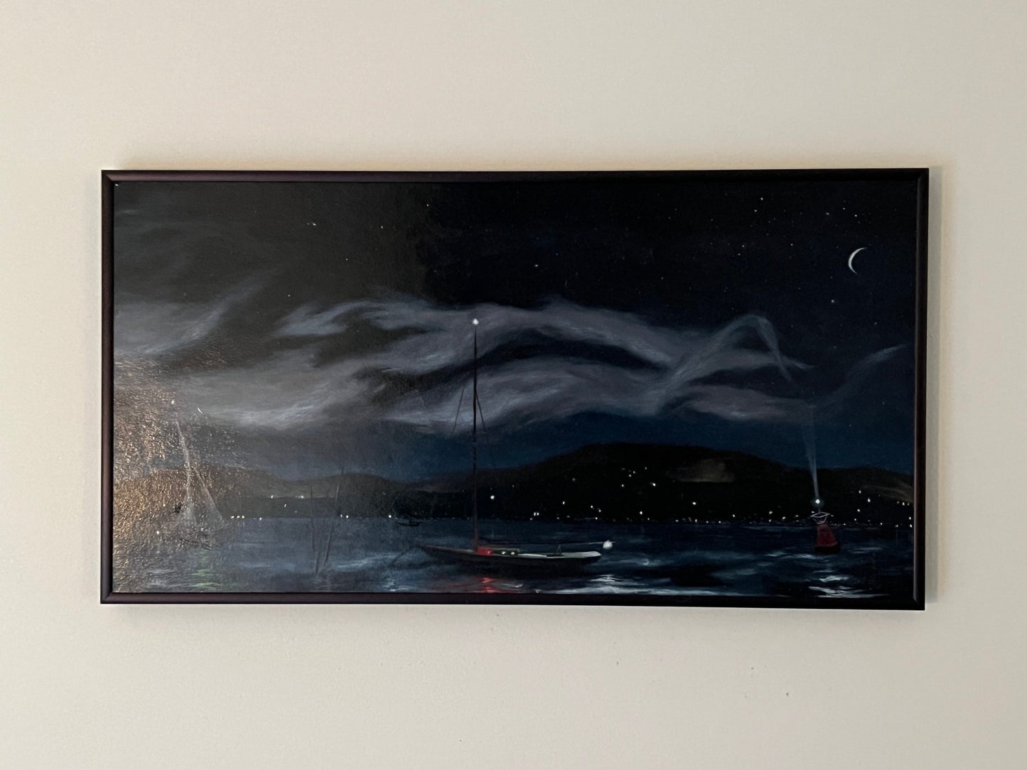 Vintage Boat at Night Hand Painted Painting signed by Artist Robert P. Schweitzer Mid Century Modern Artwork