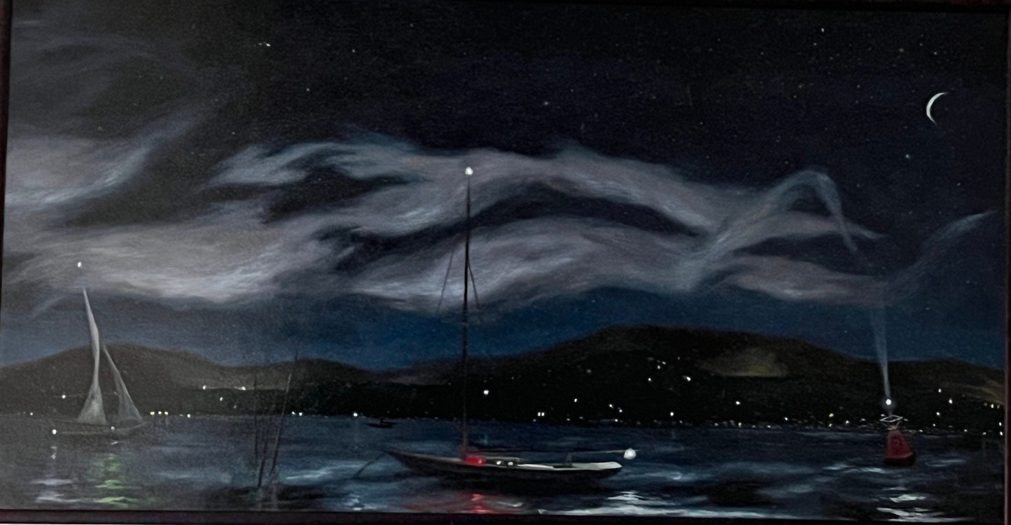 Vintage Boat at Night Hand Painted Painting signed by Artist Robert P. Schweitzer Mid Century Modern Artwork