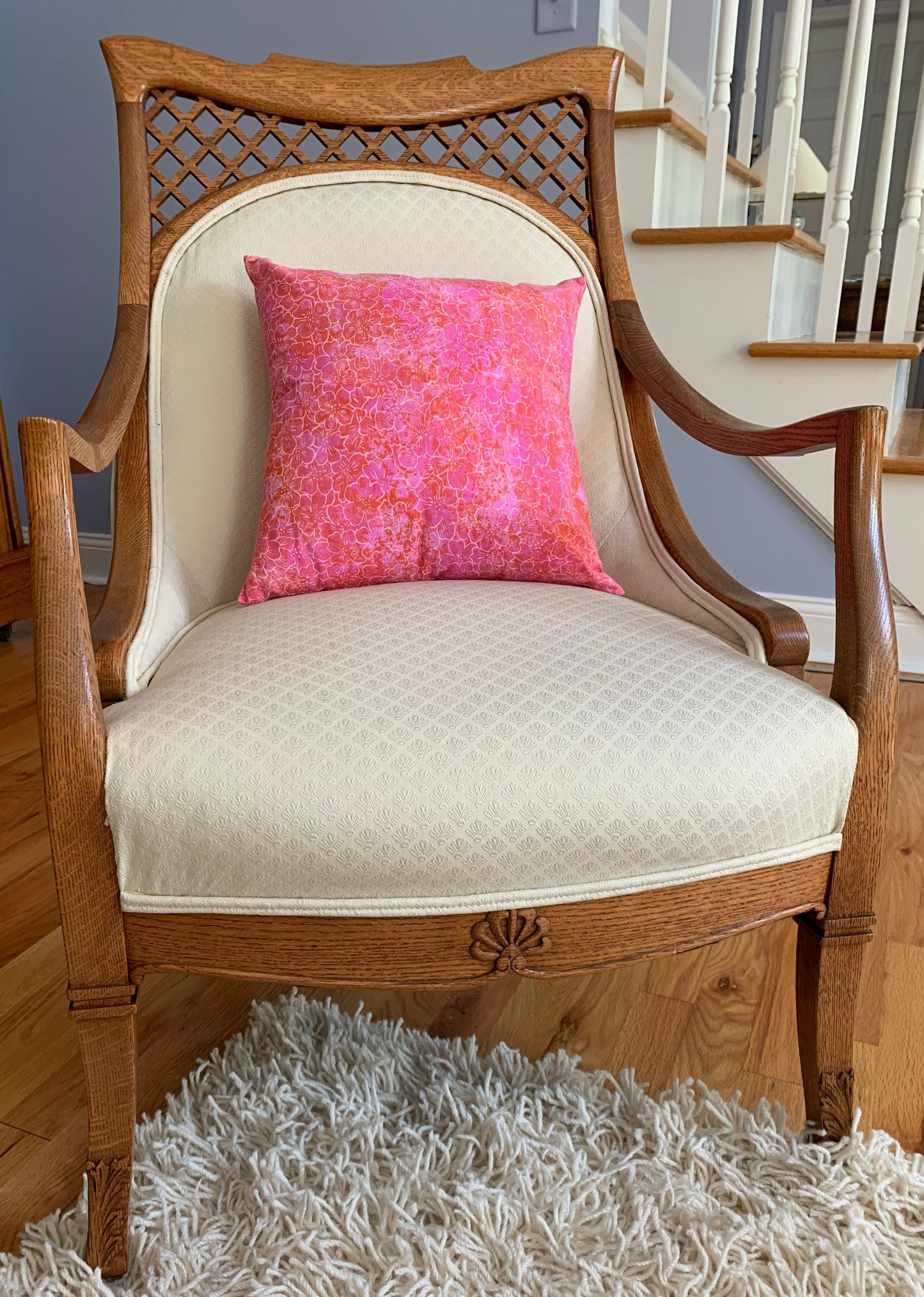Antique Tiger Oak Cross Pattern Upholstered Accent Chair Lover Antiques and Vintage