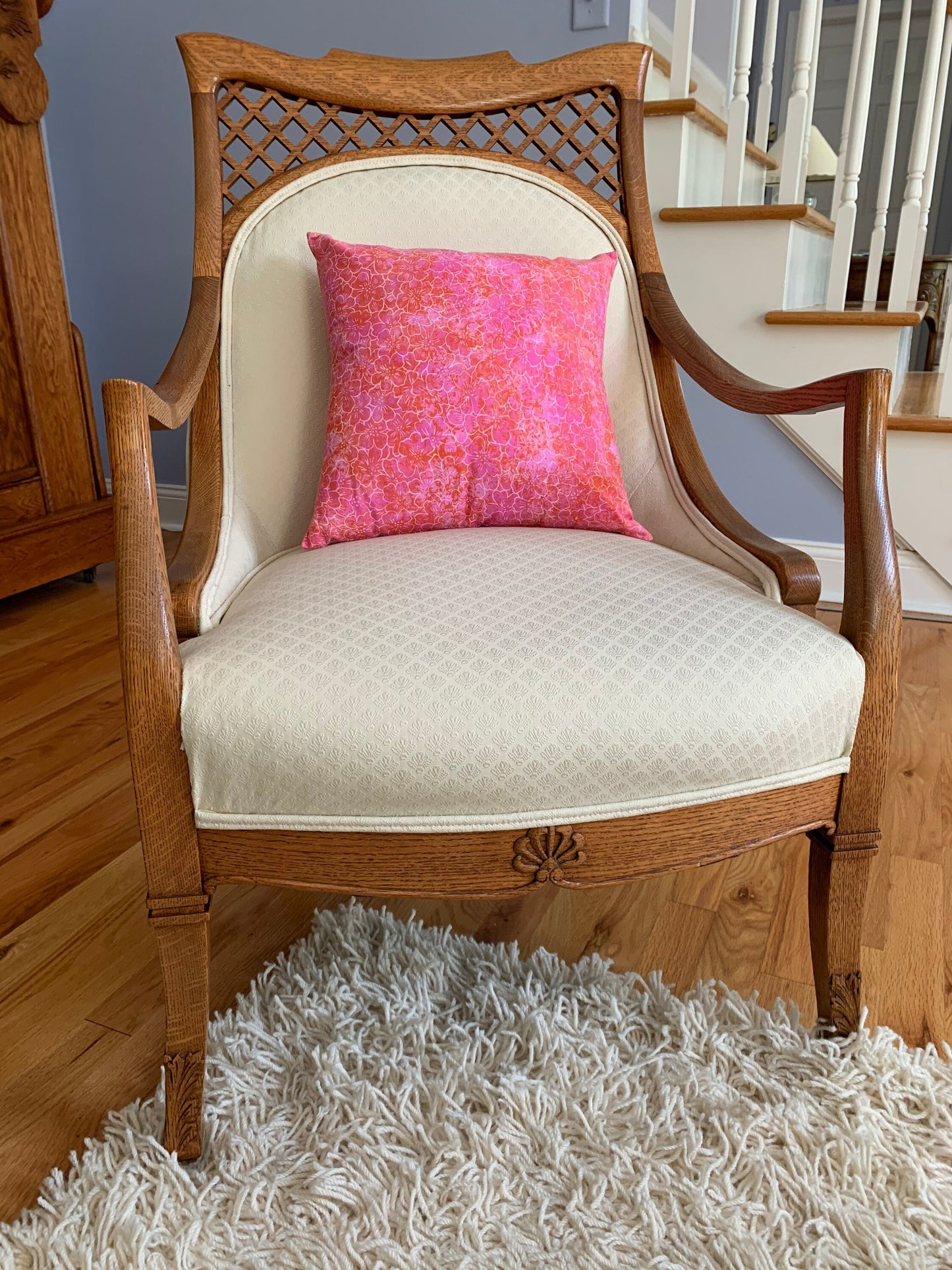 Antique Tiger Oak Cross Pattern Upholstered Accent Chair Lover Antiques and Vintage