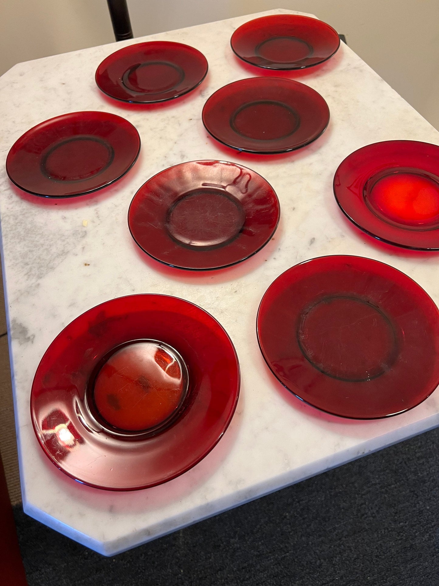 Vintage Ruby Red Set of 9 Lunch Plates, 7 3/4” Red Plates, Lover Antiques and Vintage