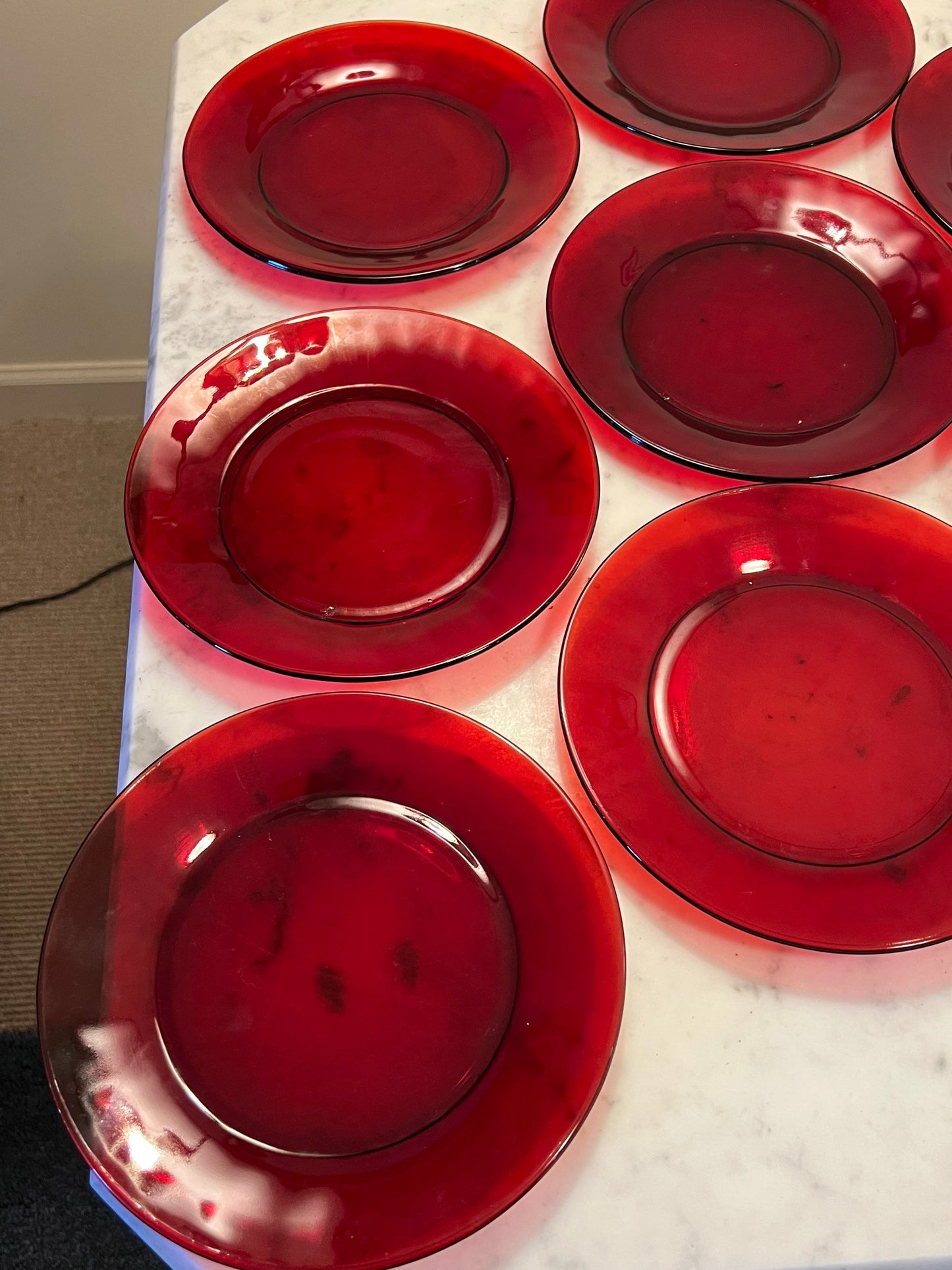 Vintage Ruby Red Set of 9 Lunch Plates, 7 3/4” Red Plates, Lover Antiques and Vintage