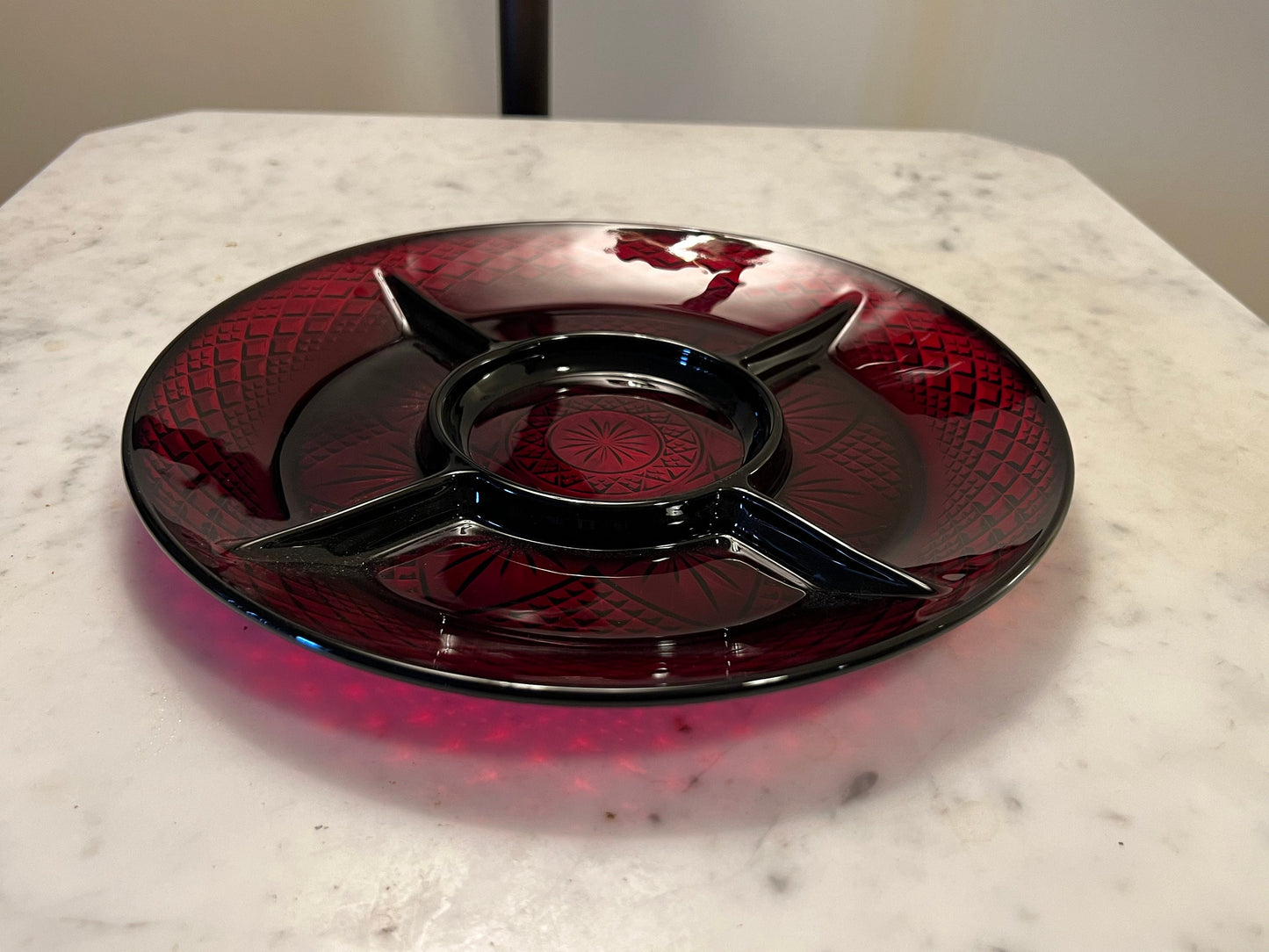 Vintage Ruby Red Pressed Glass Divided Plate Server 8” Art Glass Plate Appetizer Tray Lover Antiques and Vintage