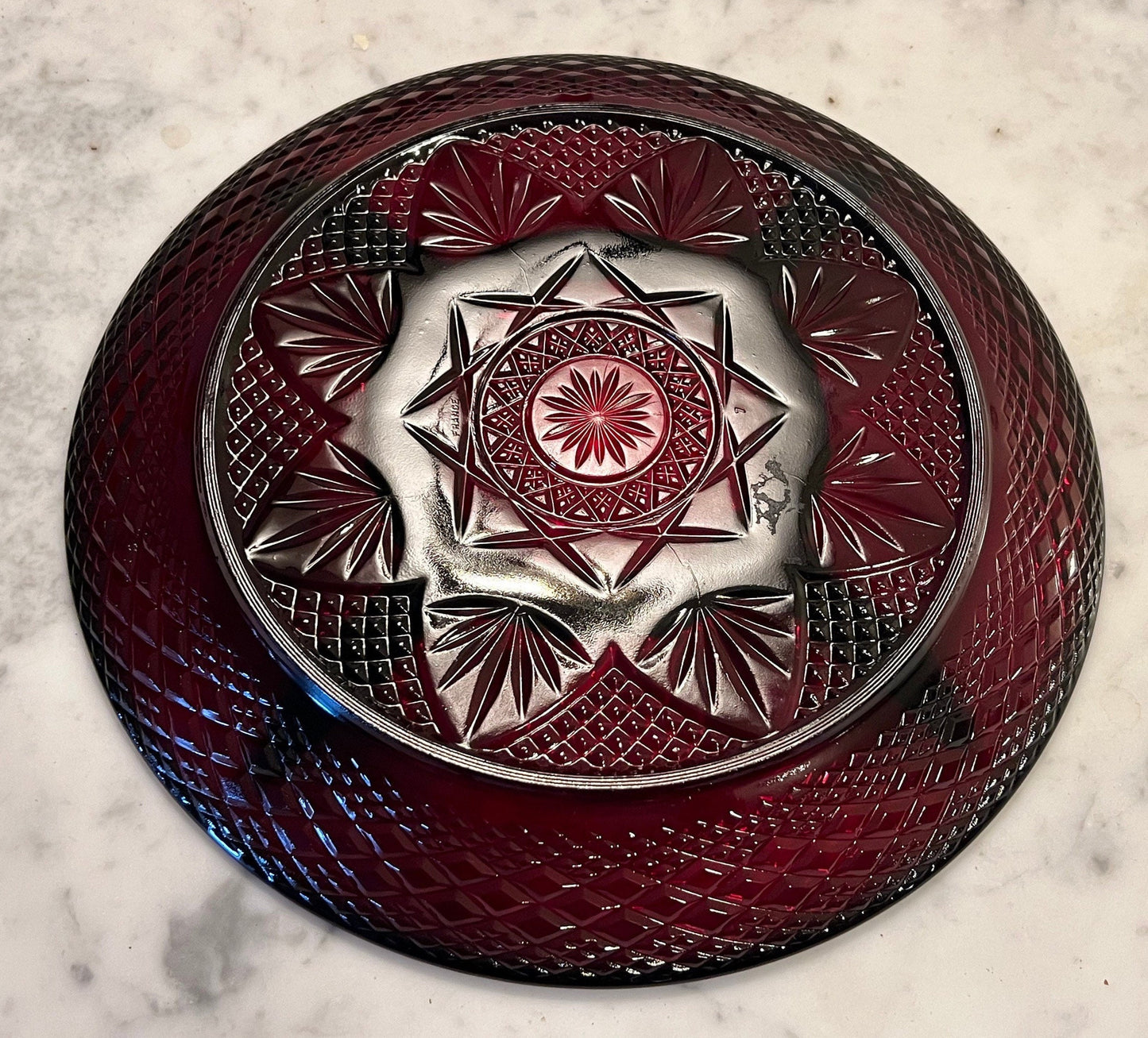 Vintage Ruby Red Pressed Glass Divided Plate Server 8” Art Glass Plate Appetizer Tray Lover Antiques and Vintage